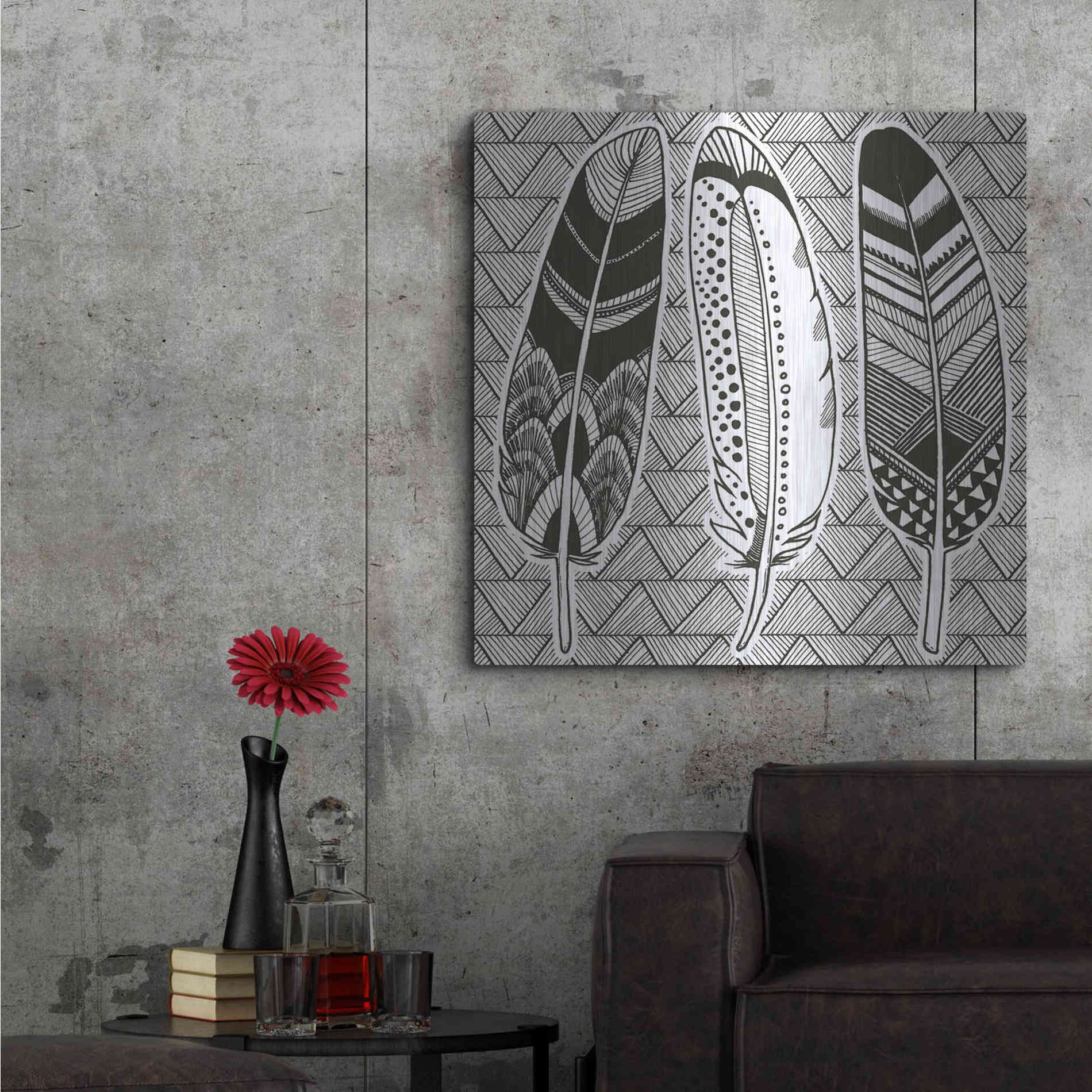 Luxe Metal Art 'Geo Feathers I Zentangle' by Sara Zieve Miller, Metal Wall Art,36x36