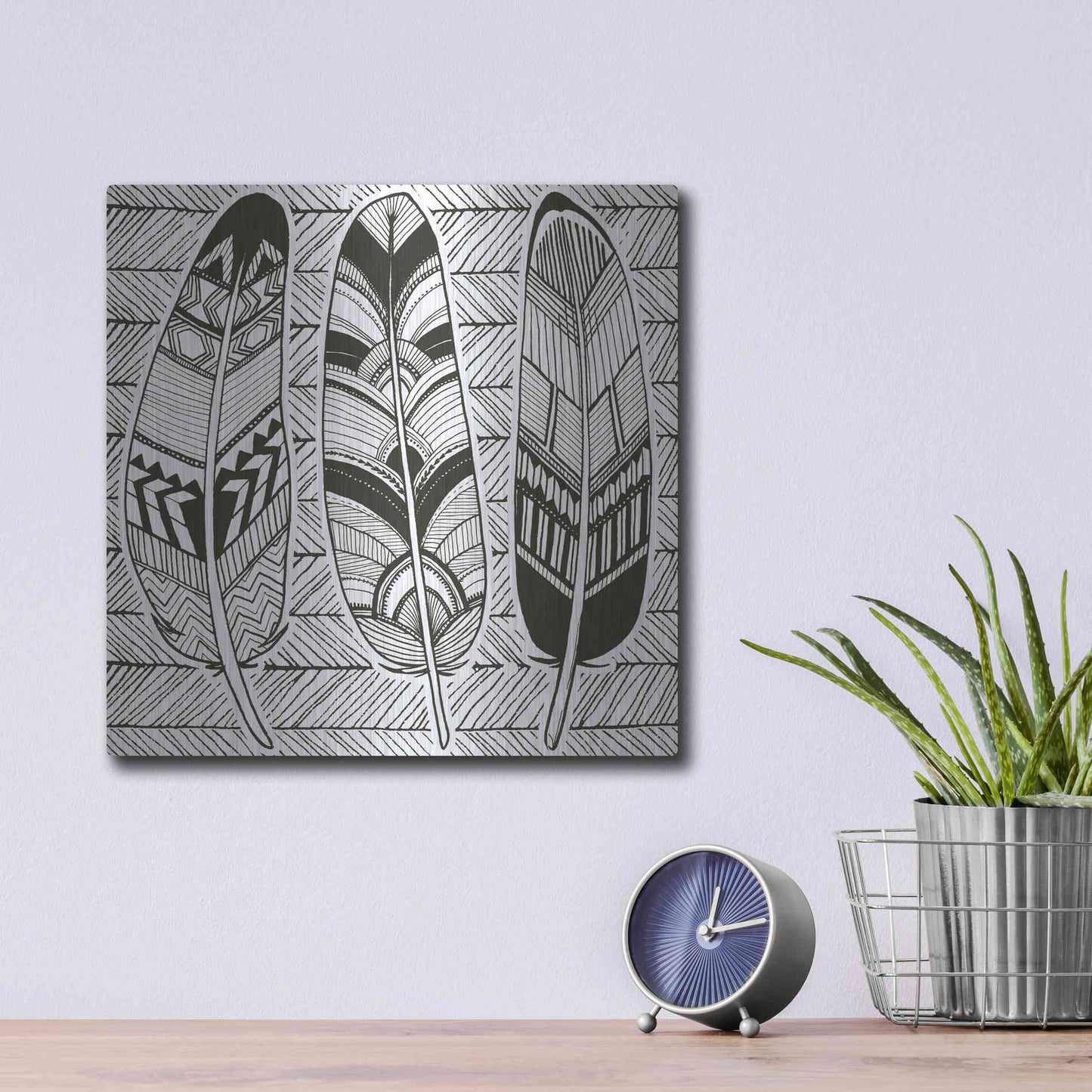 Luxe Metal Art 'Geo Feathers II Zentangle' by Sara Zieve Miller, Metal Wall Art,12x12