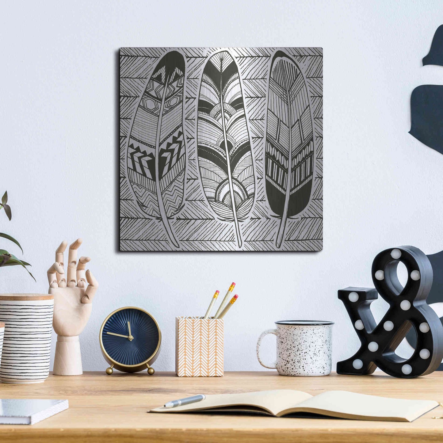 Luxe Metal Art 'Geo Feathers II Zentangle' by Sara Zieve Miller, Metal Wall Art,12x12