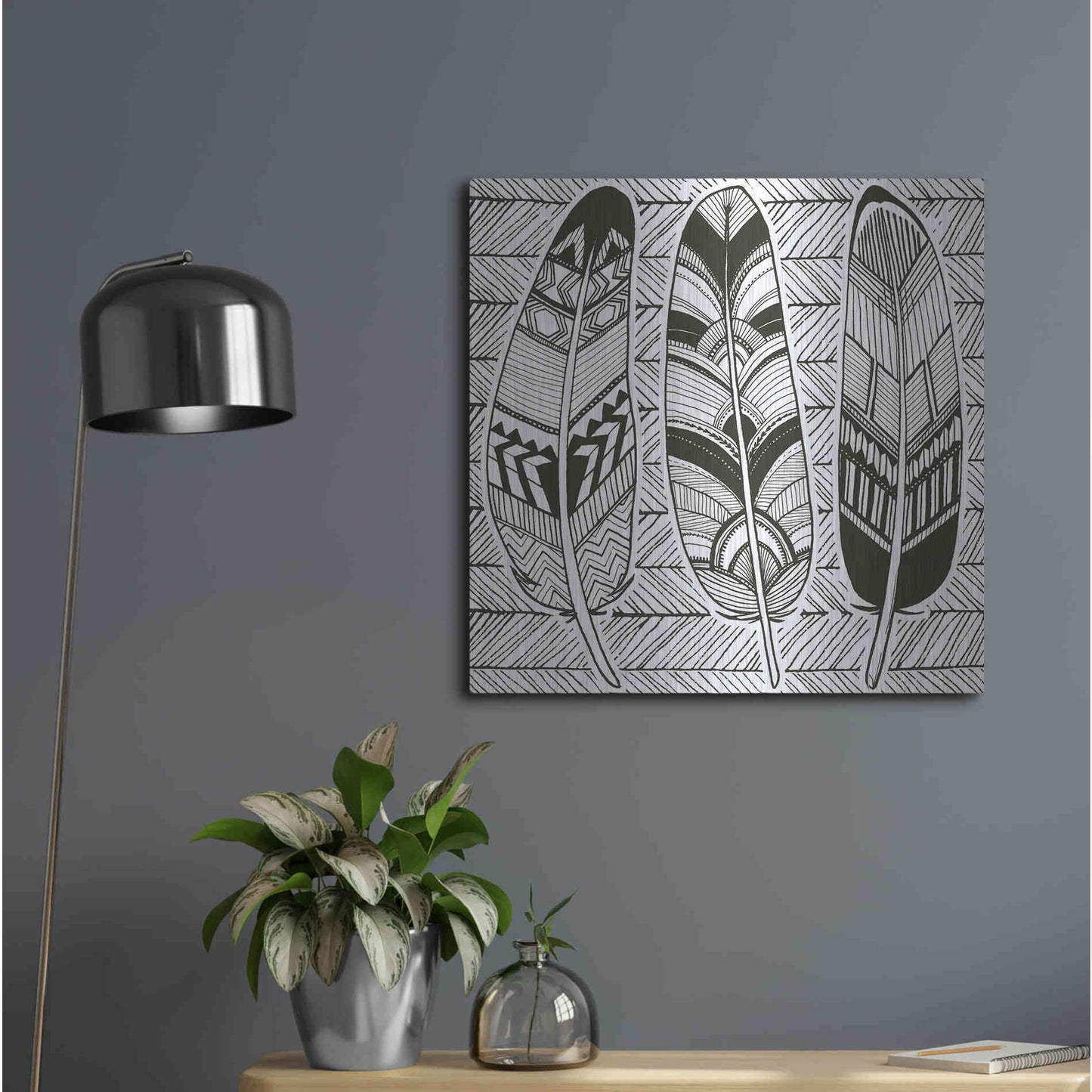 Luxe Metal Art 'Geo Feathers II Zentangle' by Sara Zieve Miller, Metal Wall Art,24x24