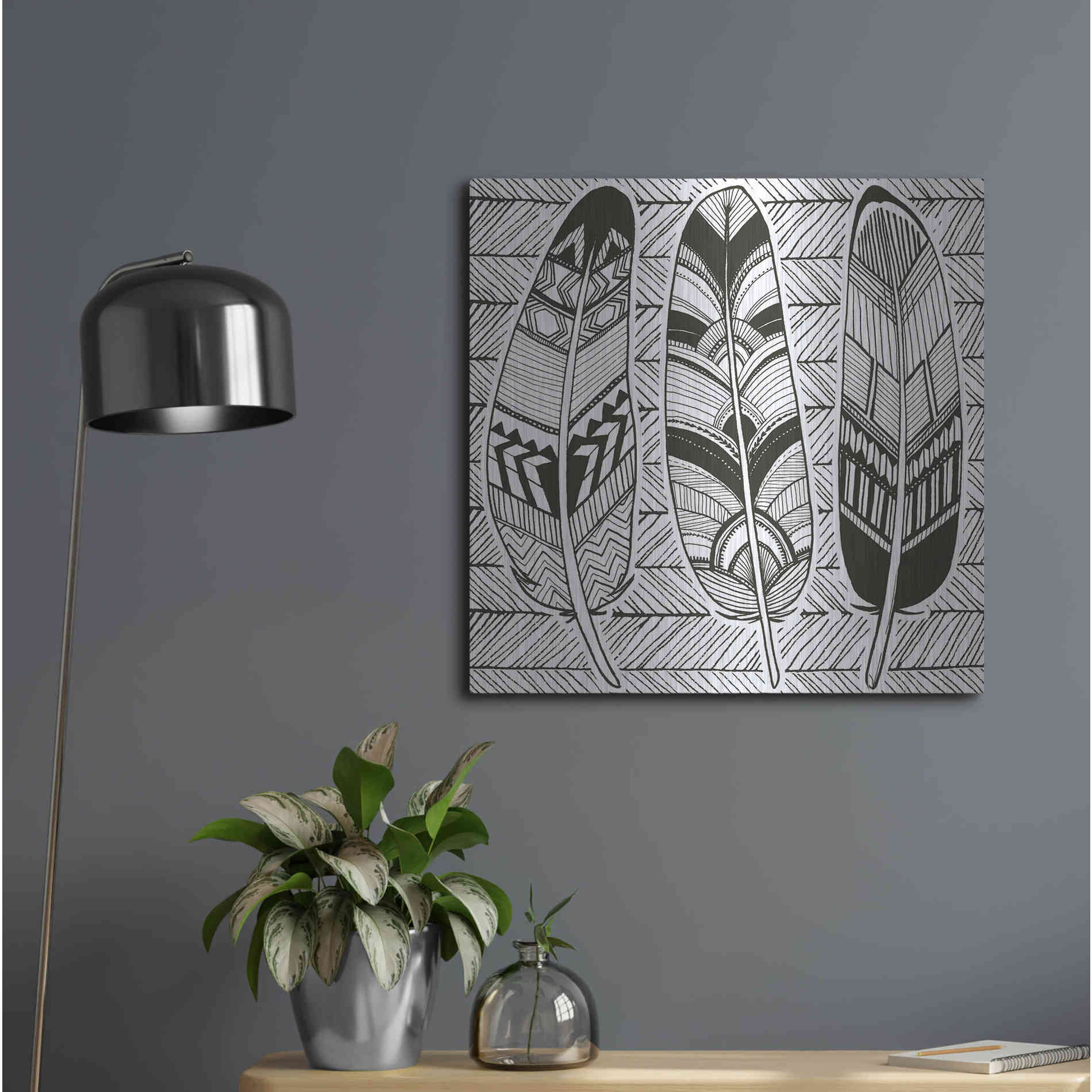 Luxe Metal Art 'Geo Feathers II Zentangle' by Sara Zieve Miller, Metal Wall Art,24x24