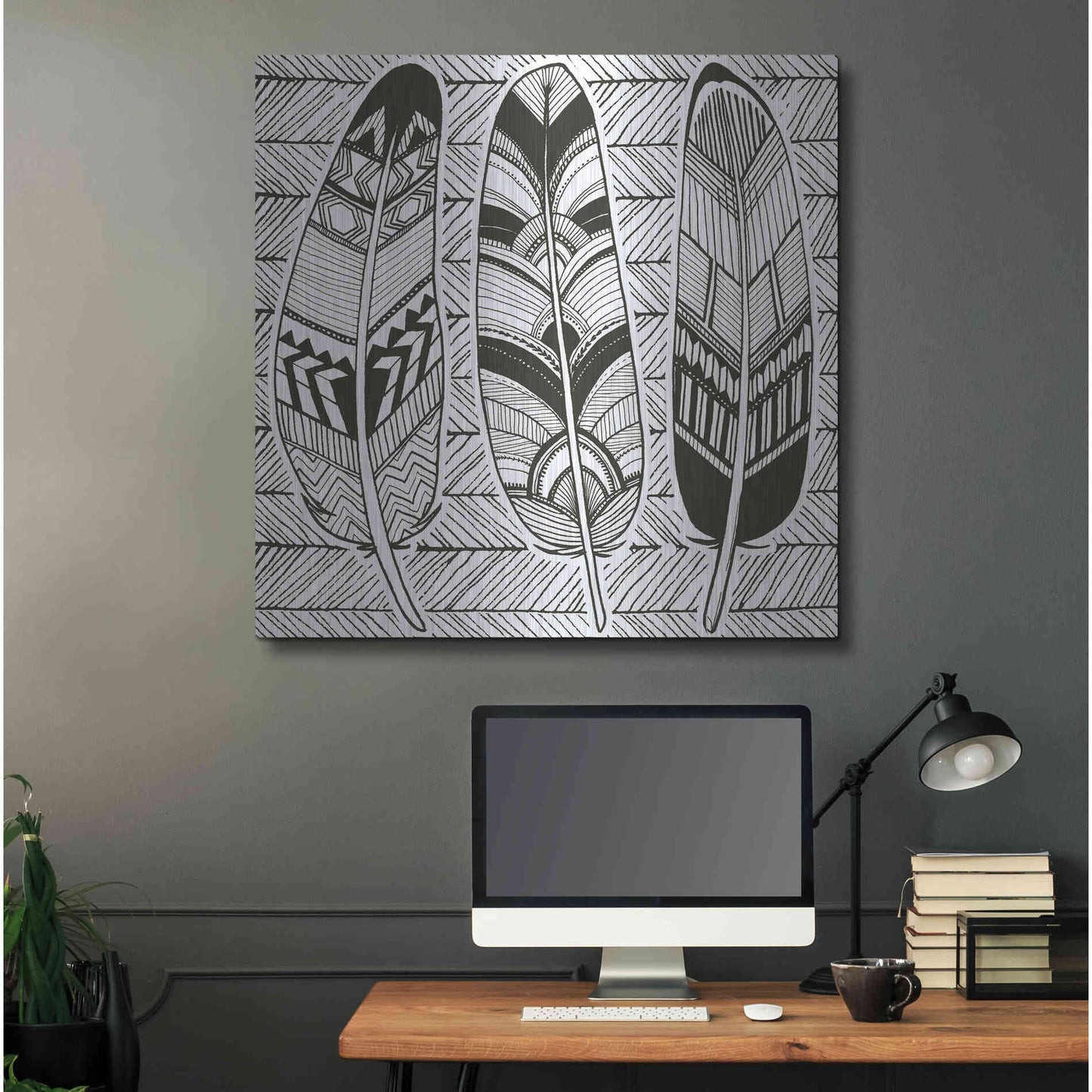Luxe Metal Art 'Geo Feathers II Zentangle' by Sara Zieve Miller, Metal Wall Art,36x36