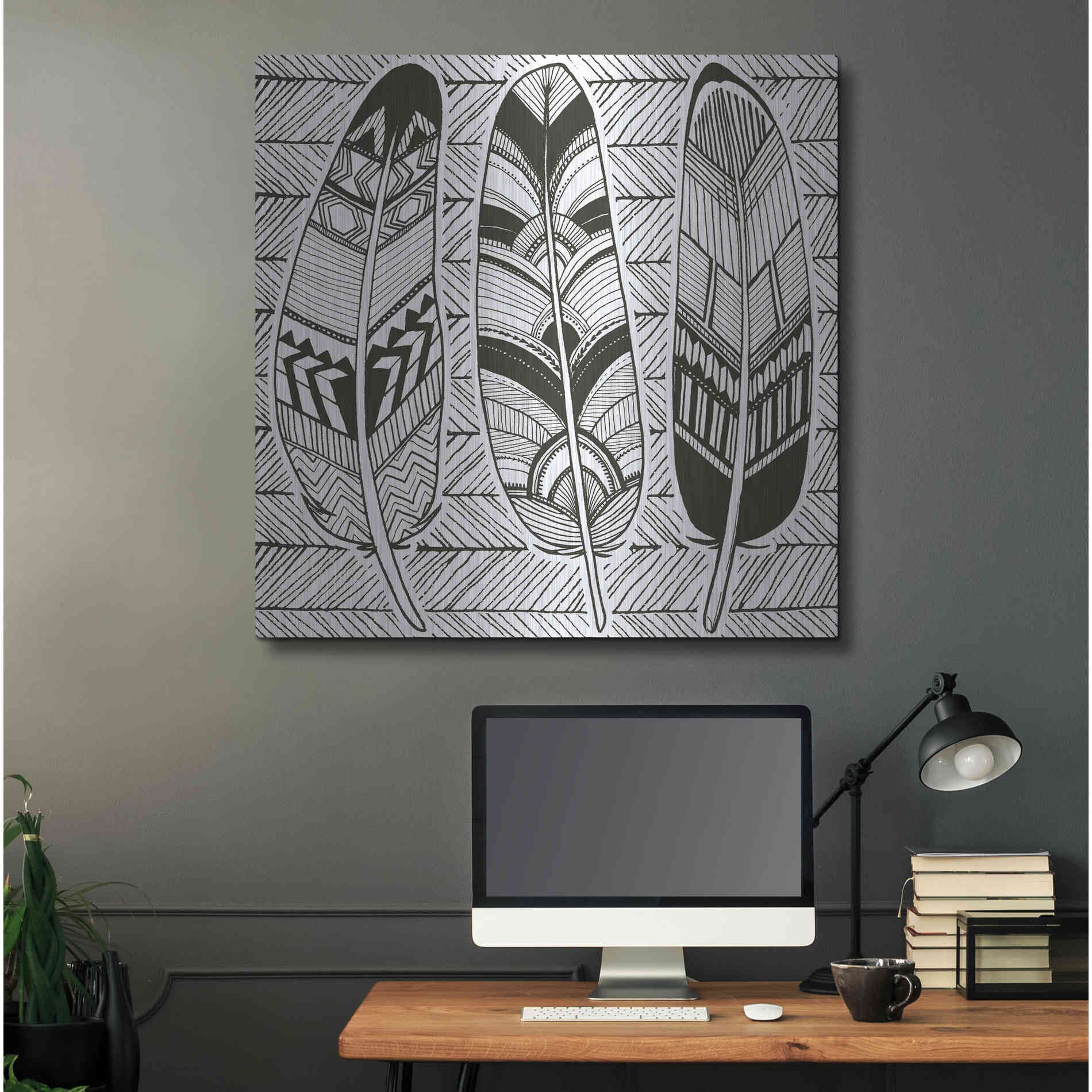 Luxe Metal Art 'Geo Feathers II Zentangle' by Sara Zieve Miller, Metal Wall Art,36x36