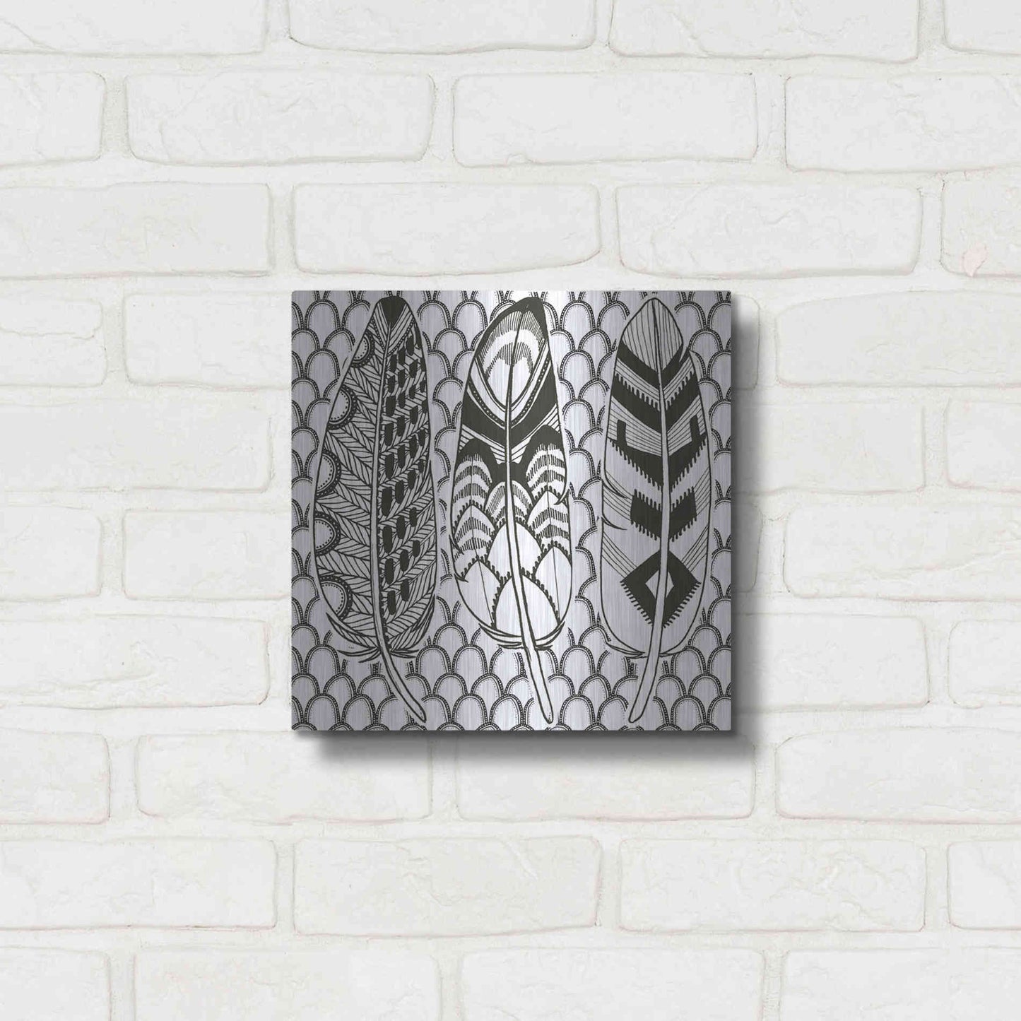 Luxe Metal Art 'Geo Feathers III Zentangle' by Sara Zieve Miller, Metal Wall Art,12x12