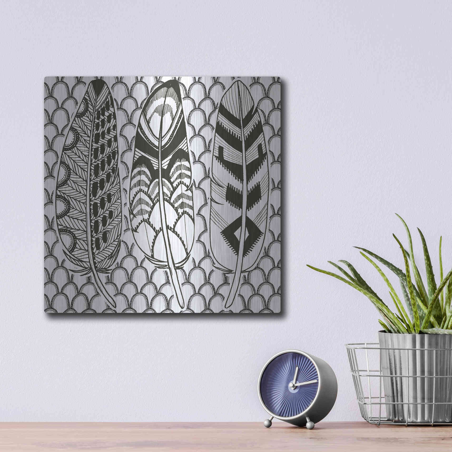Luxe Metal Art 'Geo Feathers III Zentangle' by Sara Zieve Miller, Metal Wall Art,12x12