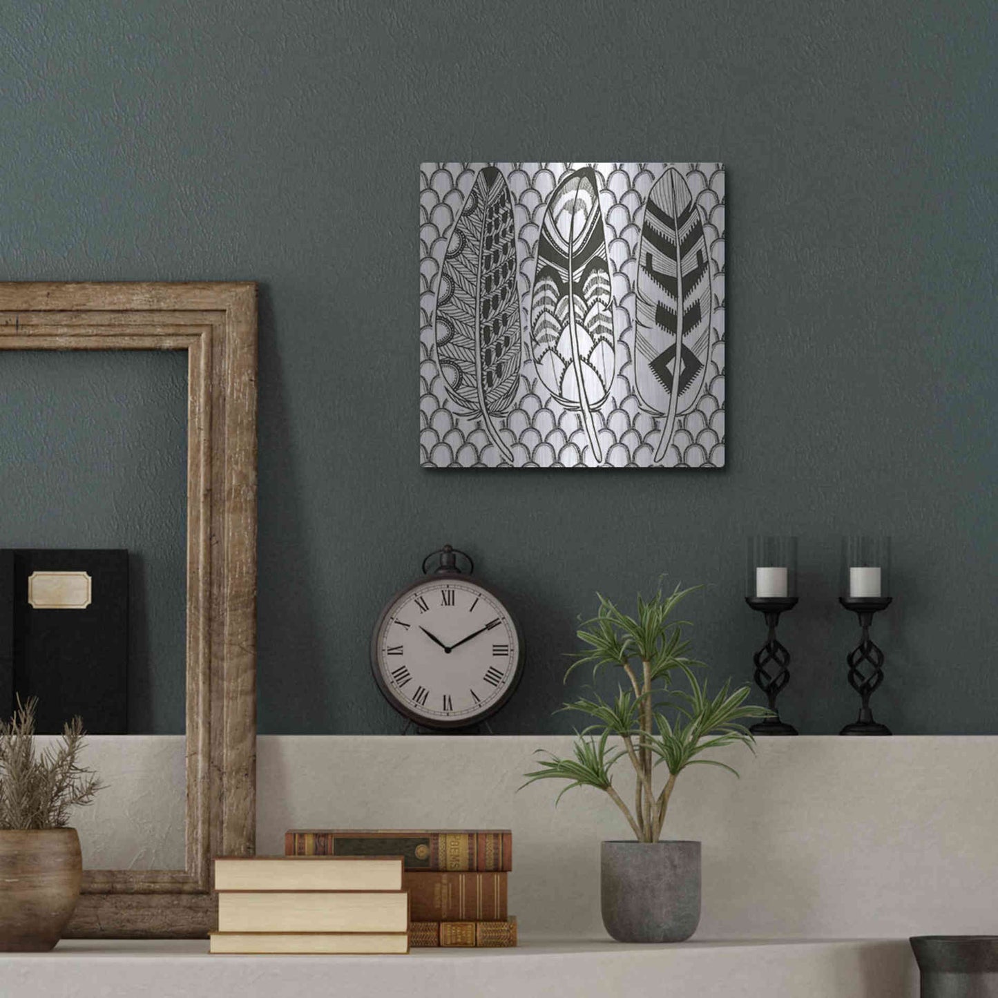 Luxe Metal Art 'Geo Feathers III Zentangle' by Sara Zieve Miller, Metal Wall Art,12x12