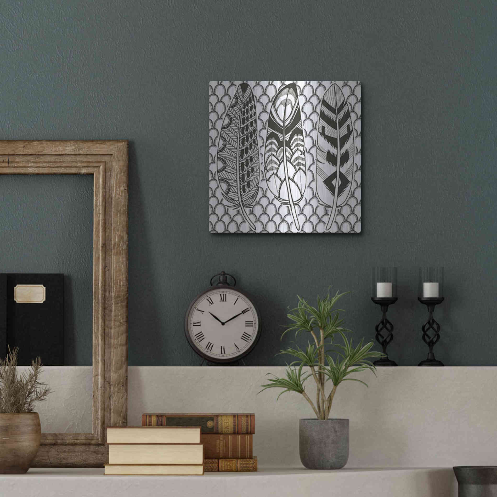 Luxe Metal Art 'Geo Feathers III Zentangle' by Sara Zieve Miller, Metal Wall Art,12x12