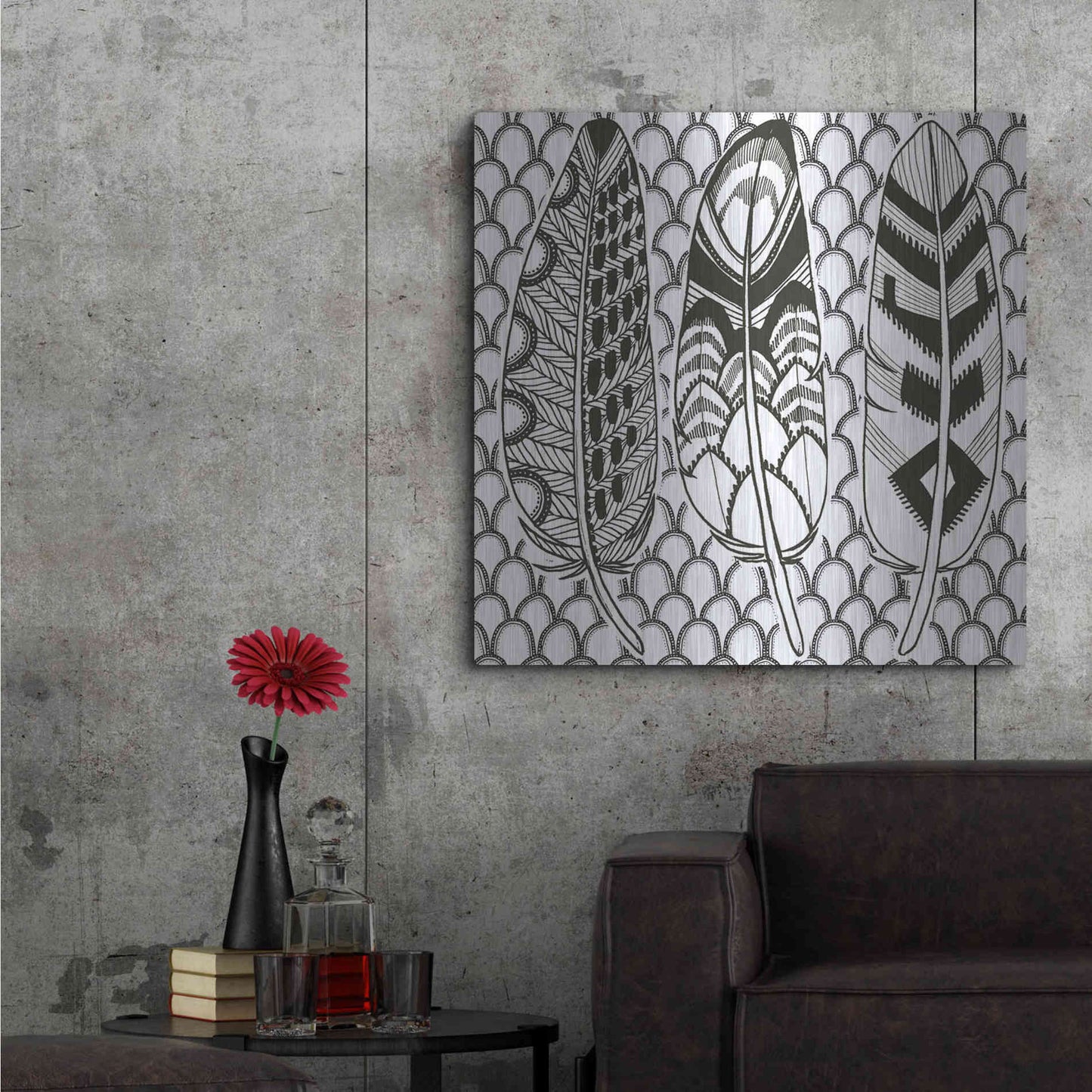 Luxe Metal Art 'Geo Feathers III Zentangle' by Sara Zieve Miller, Metal Wall Art,36x36