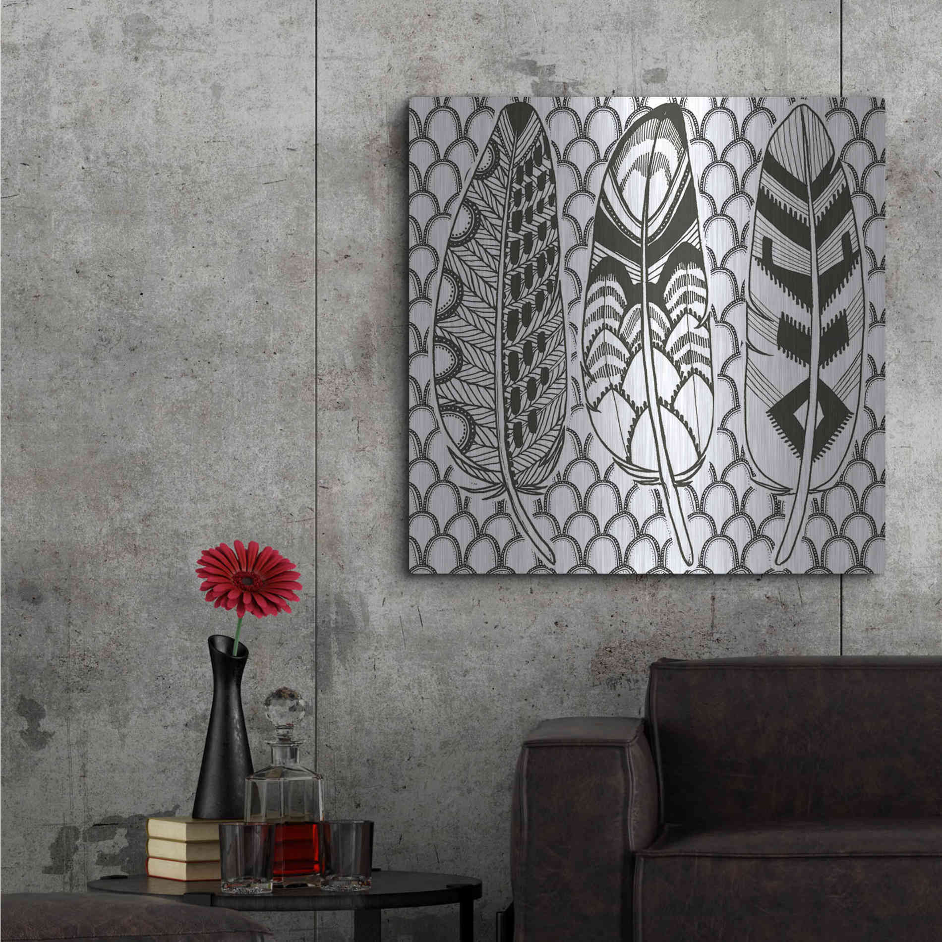 Luxe Metal Art 'Geo Feathers III Zentangle' by Sara Zieve Miller, Metal Wall Art,36x36