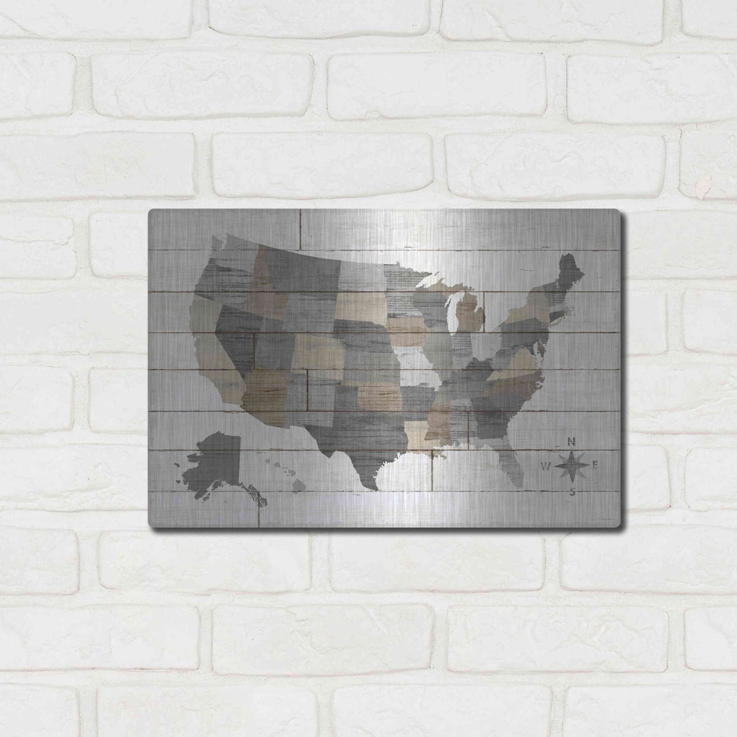 Luxe Metal Art 'Barnboard Map Neutral' by Sue Schlabach, Metal Wall Art,16x12