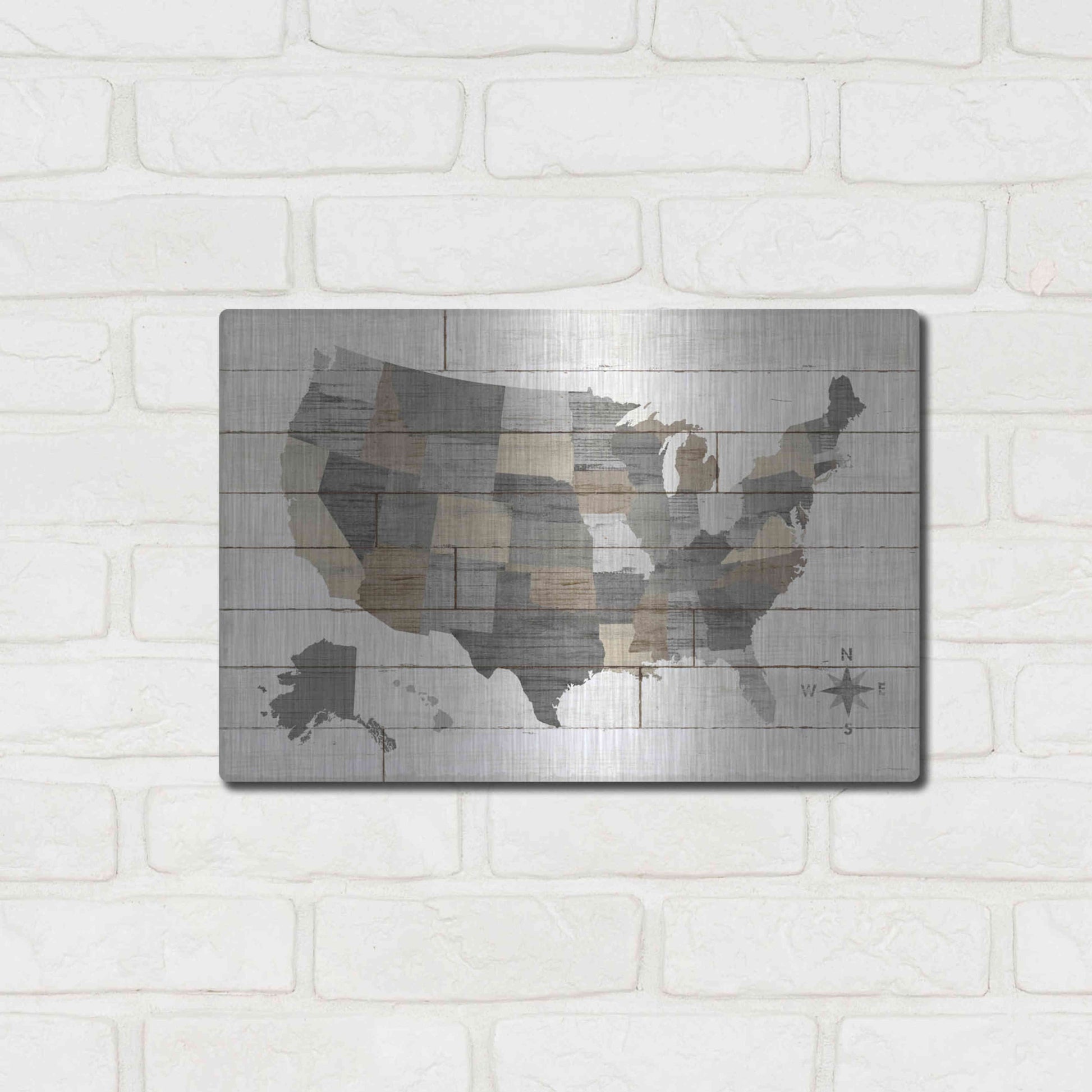 Luxe Metal Art 'Barnboard Map Neutral' by Sue Schlabach, Metal Wall Art,16x12