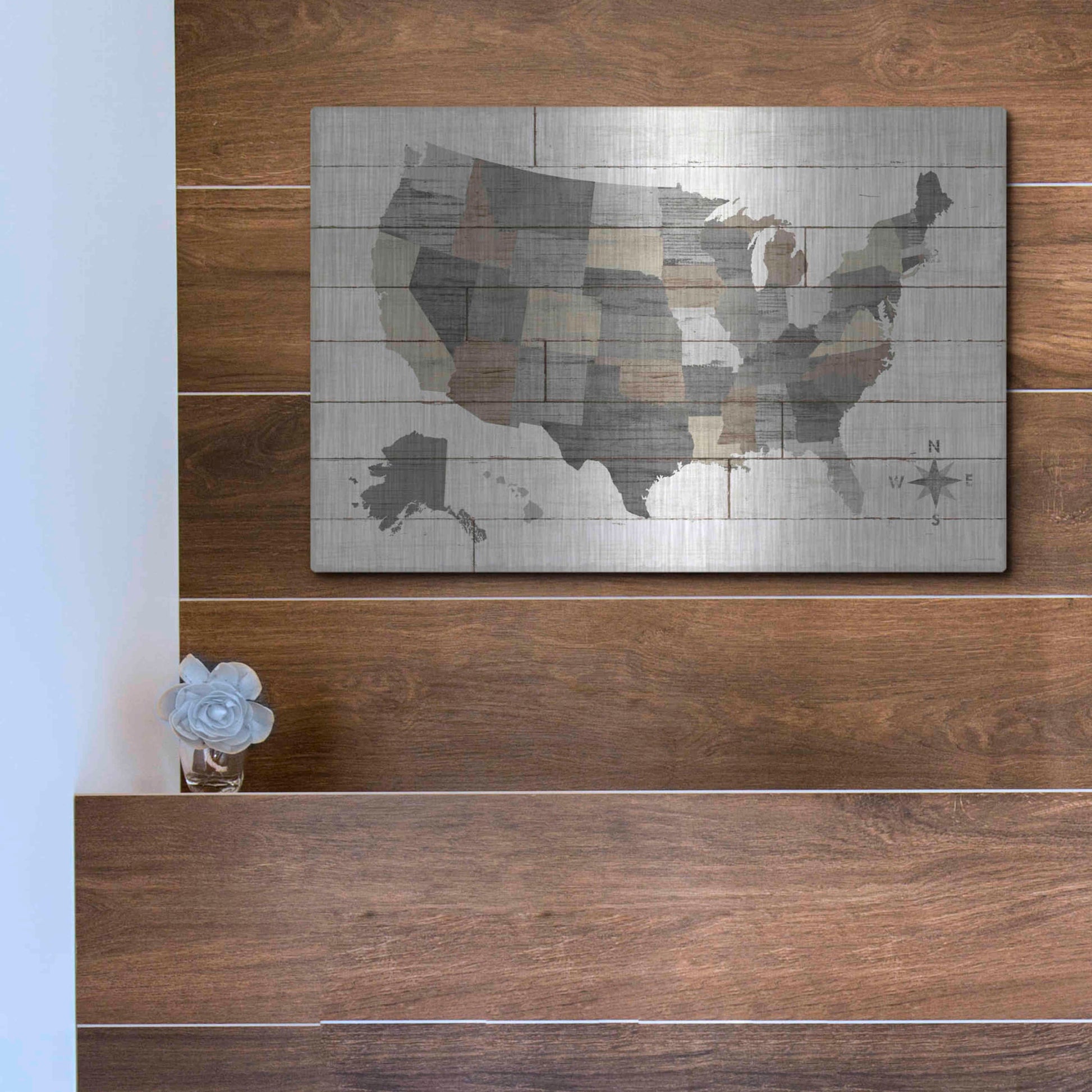 Luxe Metal Art 'Barnboard Map Neutral' by Sue Schlabach, Metal Wall Art,16x12