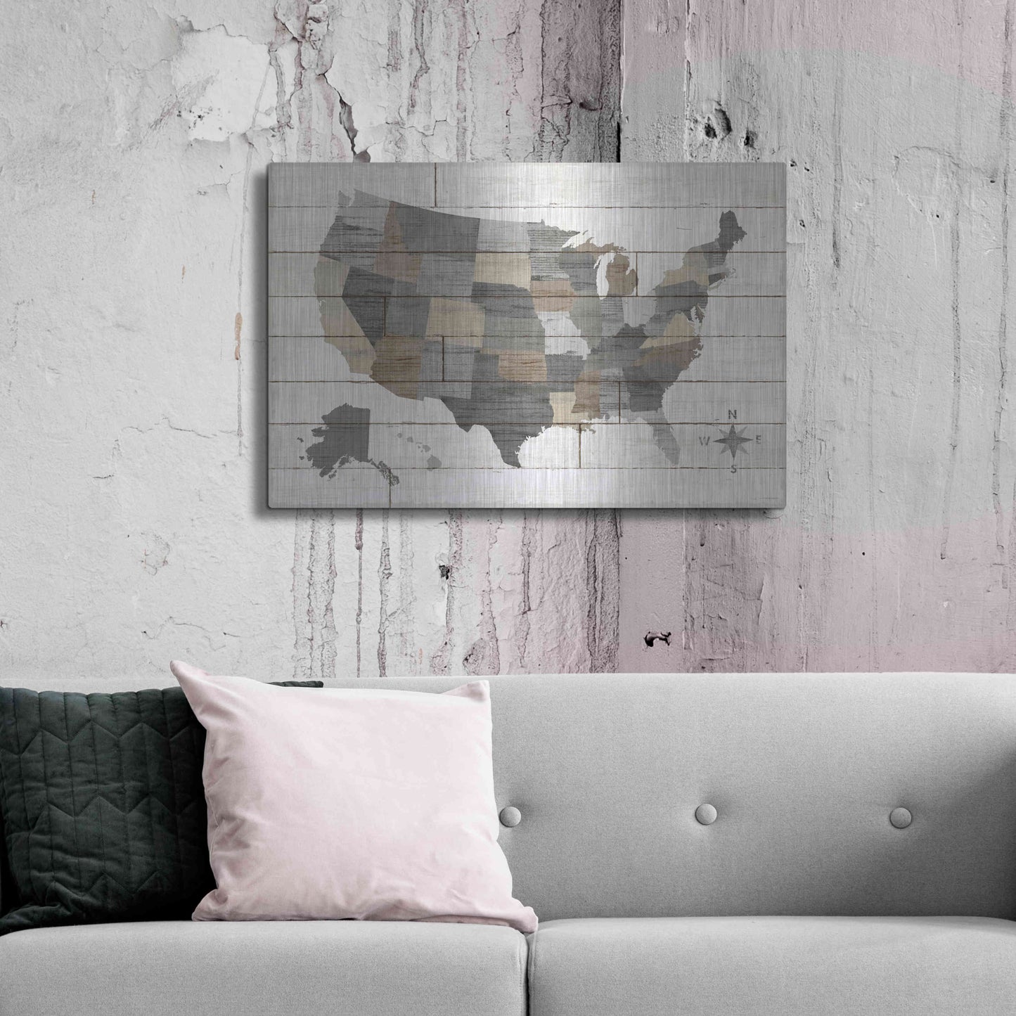 Luxe Metal Art 'Barnboard Map Neutral' by Sue Schlabach, Metal Wall Art,36x24