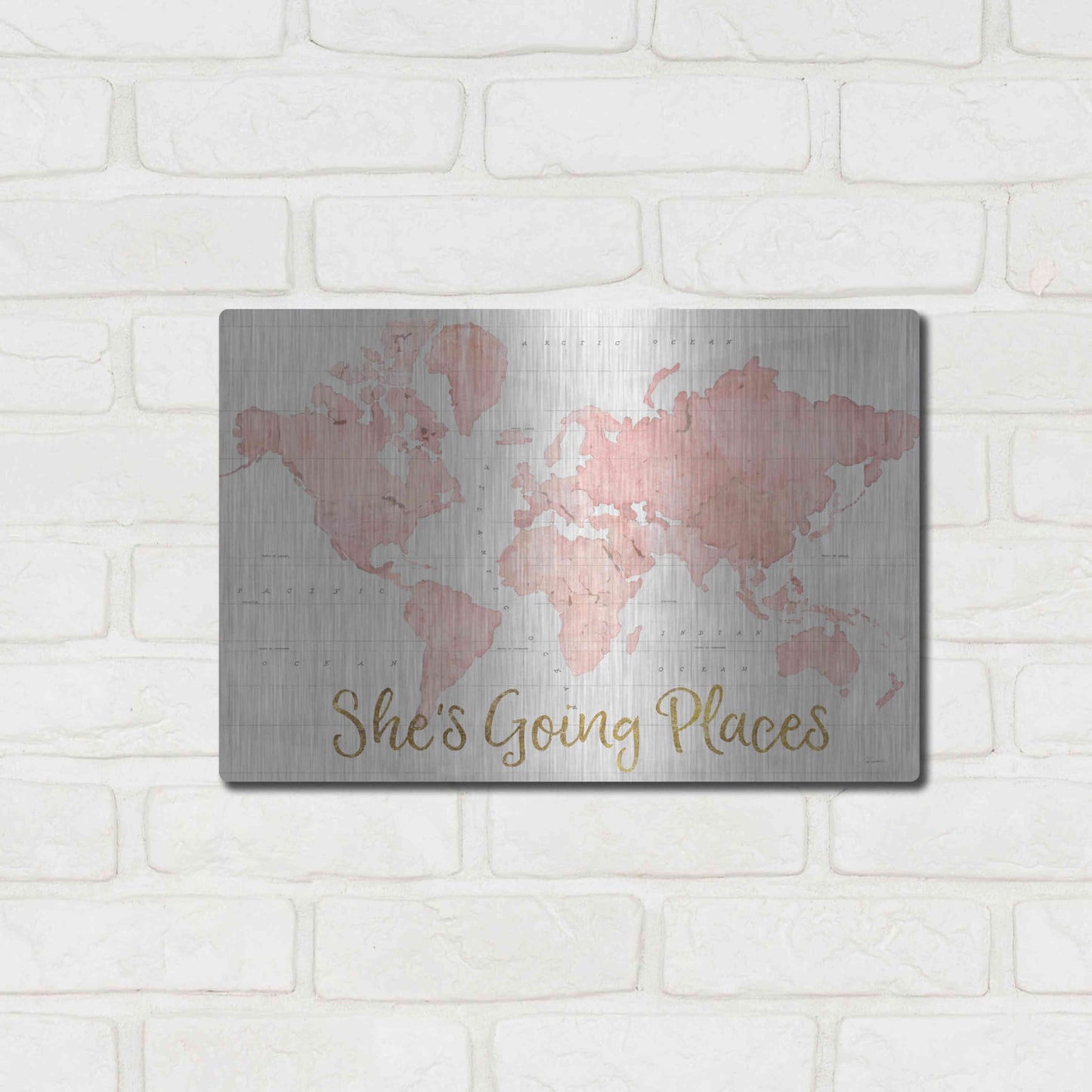 Luxe Metal Art 'Across the World Shes Going Places Pink' by Sue Schlabach, Metal Wall Art,16x12