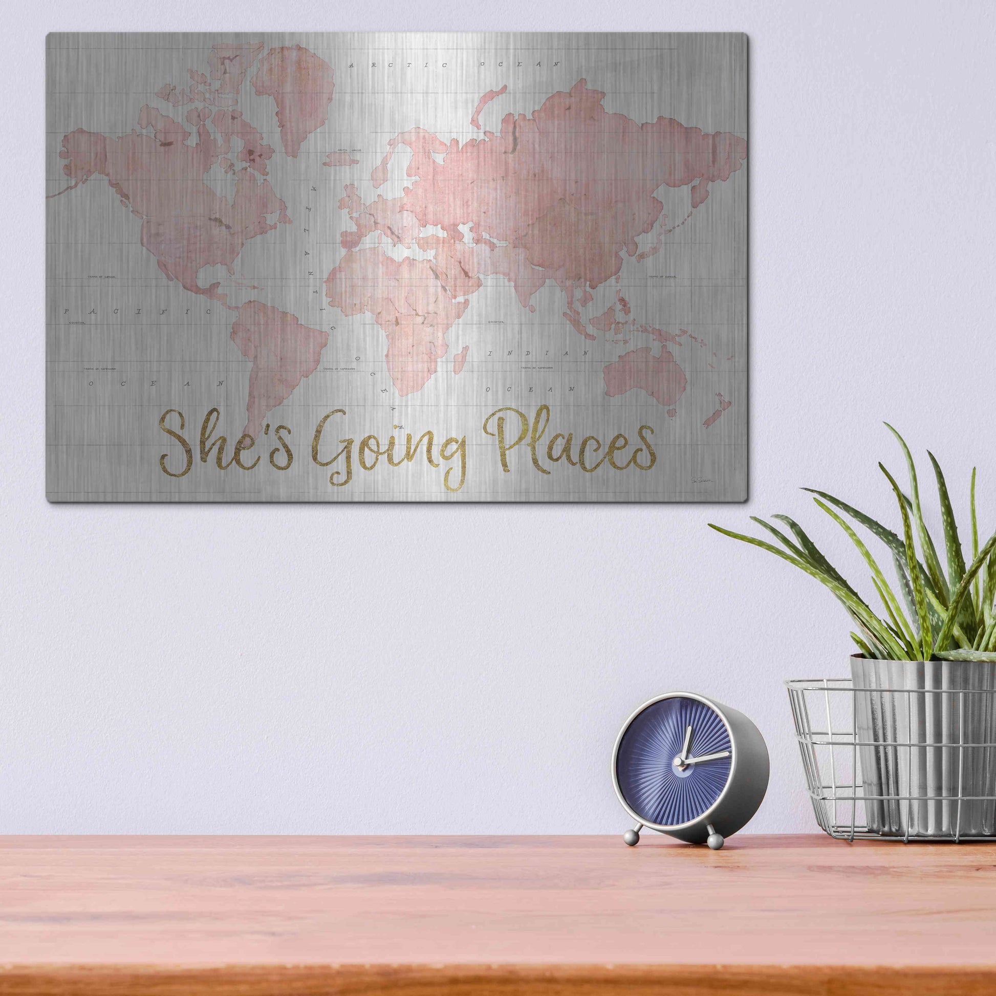 Luxe Metal Art 'Across the World Shes Going Places Pink' by Sue Schlabach, Metal Wall Art,16x12