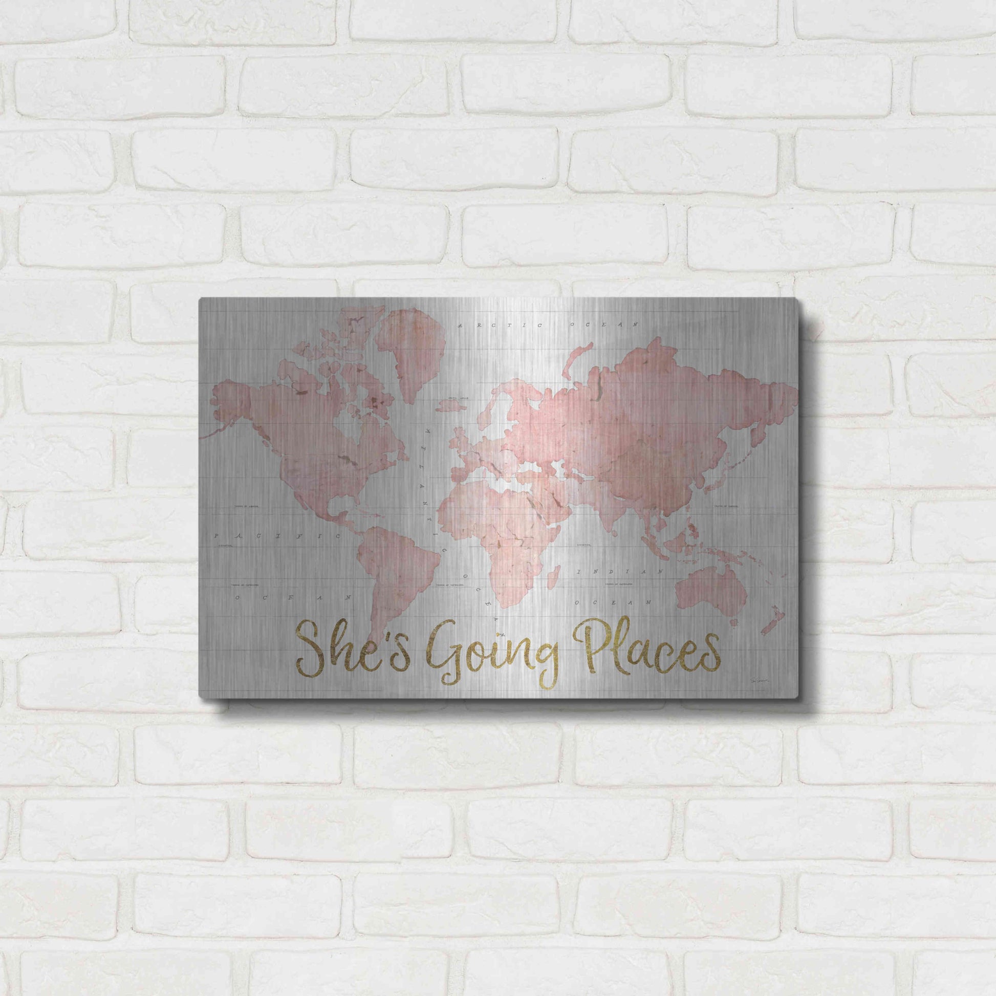 Luxe Metal Art 'Across the World Shes Going Places Pink' by Sue Schlabach, Metal Wall Art,24x16