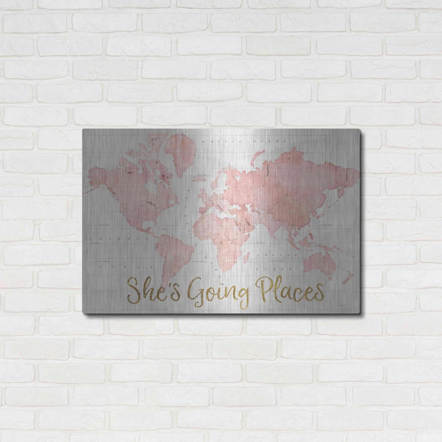 Luxe Metal Art 'Across the World Shes Going Places Pink' by Sue Schlabach, Metal Wall Art,36x24
