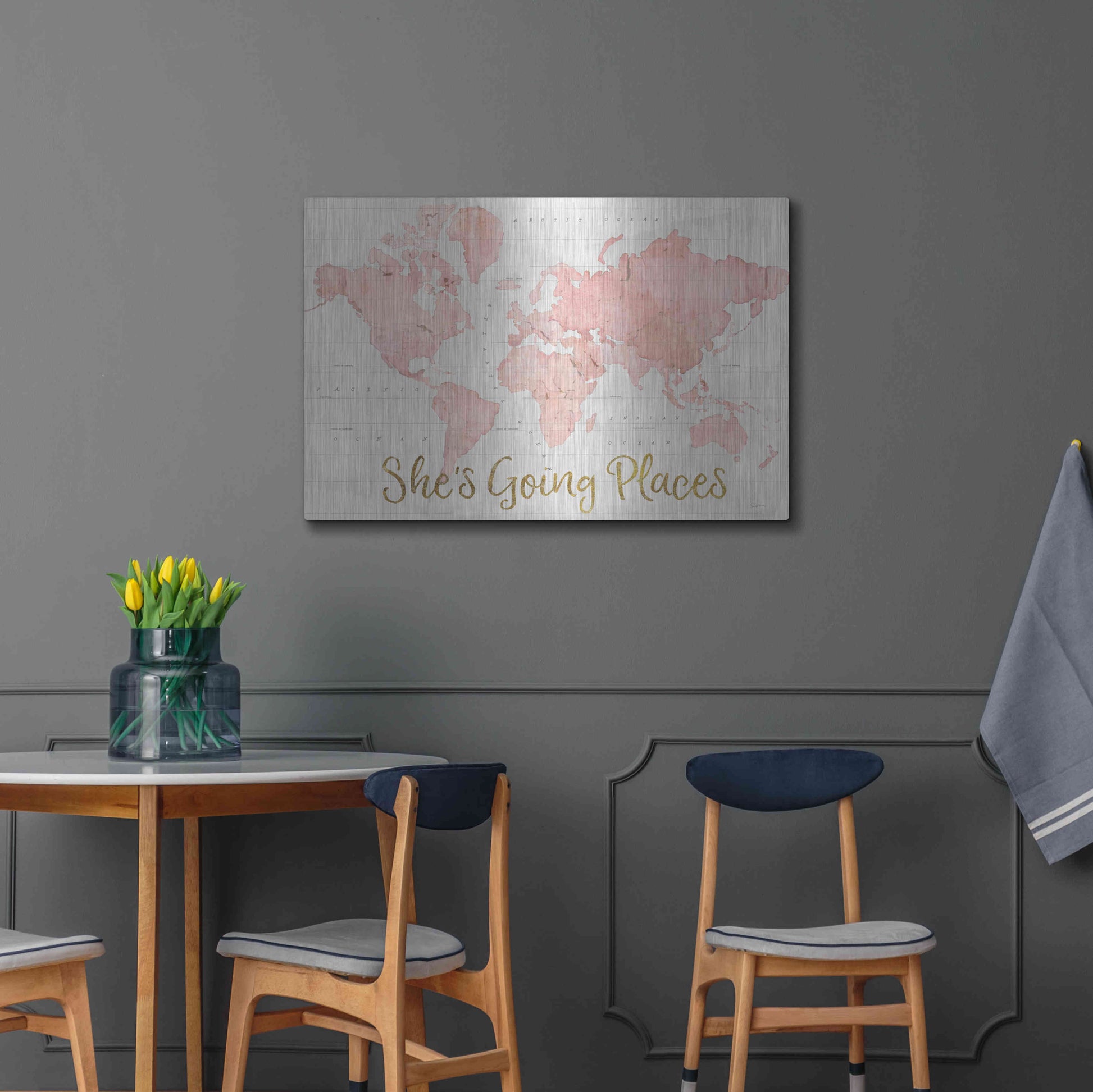 Luxe Metal Art 'Across the World Shes Going Places Pink' by Sue Schlabach, Metal Wall Art,36x24