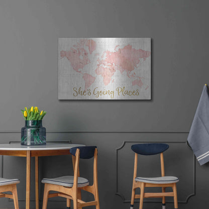 Luxe Metal Art 'Across the World Shes Going Places Pink' by Sue Schlabach, Metal Wall Art,36x24