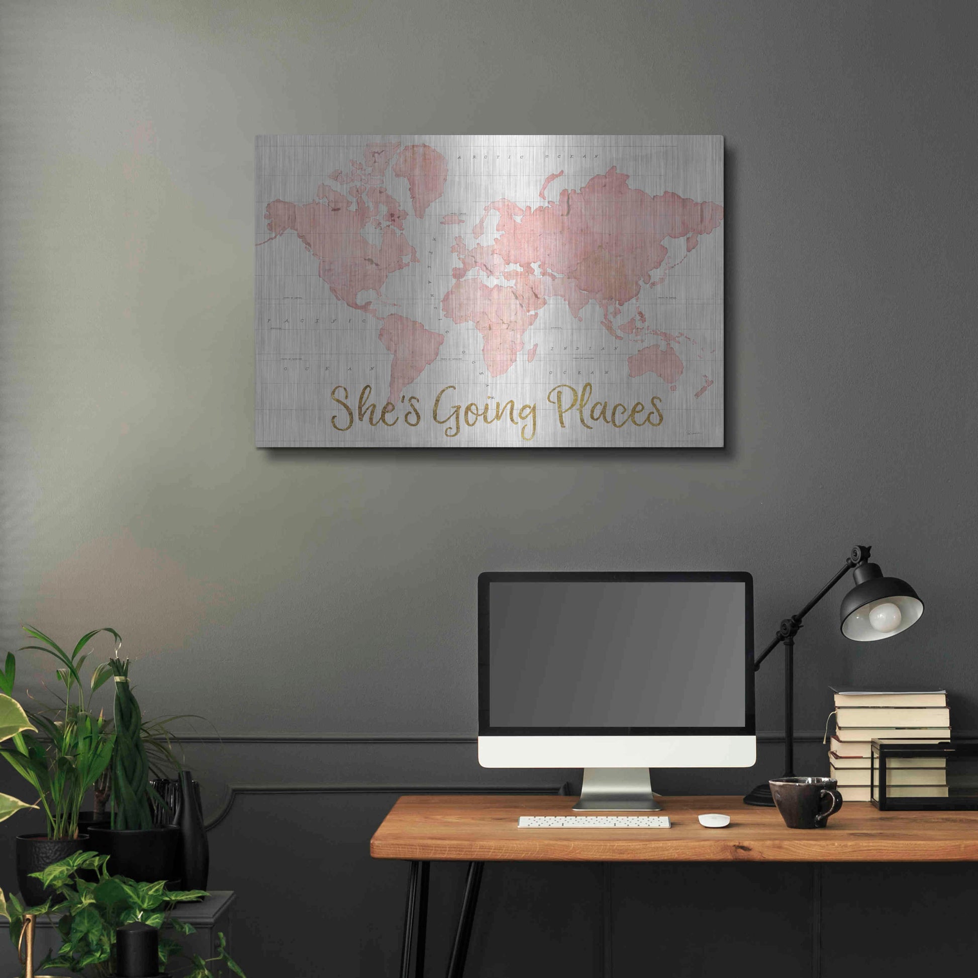 Luxe Metal Art 'Across the World Shes Going Places Pink' by Sue Schlabach, Metal Wall Art,36x24