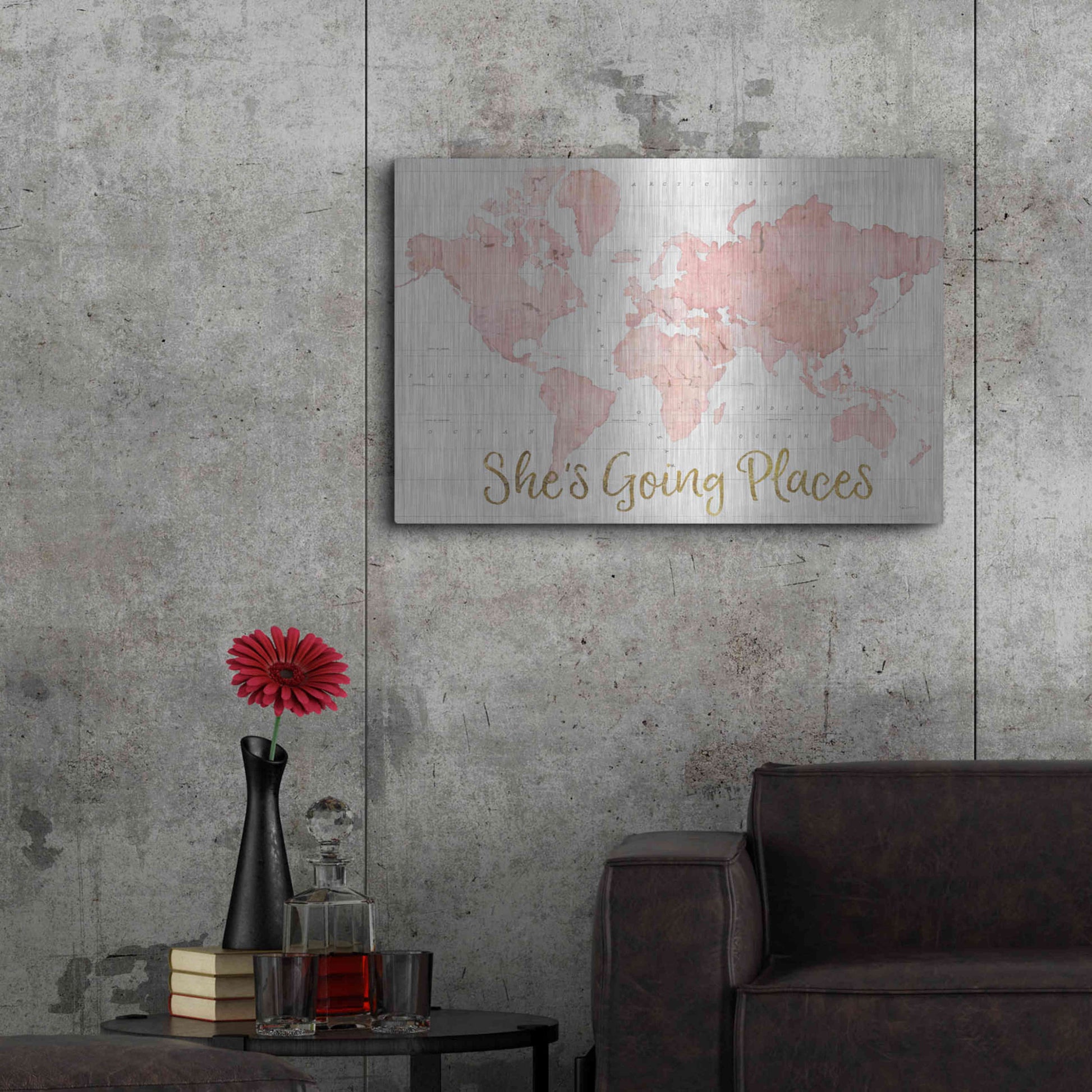 Luxe Metal Art 'Across the World Shes Going Places Pink' by Sue Schlabach, Metal Wall Art,36x24