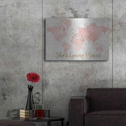 Luxe Metal Art 'Across the World Shes Going Places Pink' by Sue Schlabach, Metal Wall Art,36x24
