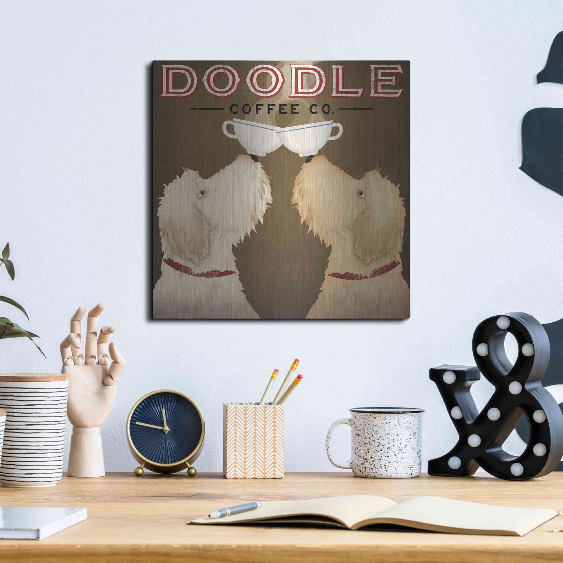 Luxe Metal Art 'Doodle Coffee Double II' by Ryan Fowler, Metal Wall Art,12x12