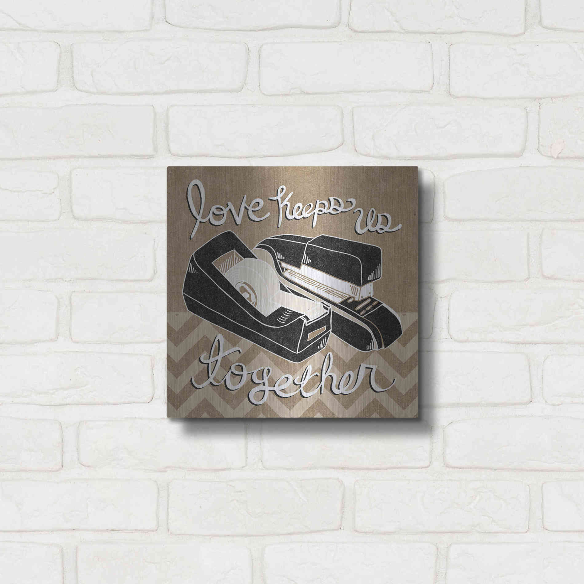Luxe Metal Art 'Love Keeps Us Together Taupe' by Mary Urban, Metal Wall Art,12x12