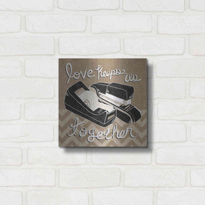 Luxe Metal Art 'Love Keeps Us Together Taupe' by Mary Urban, Metal Wall Art,12x12