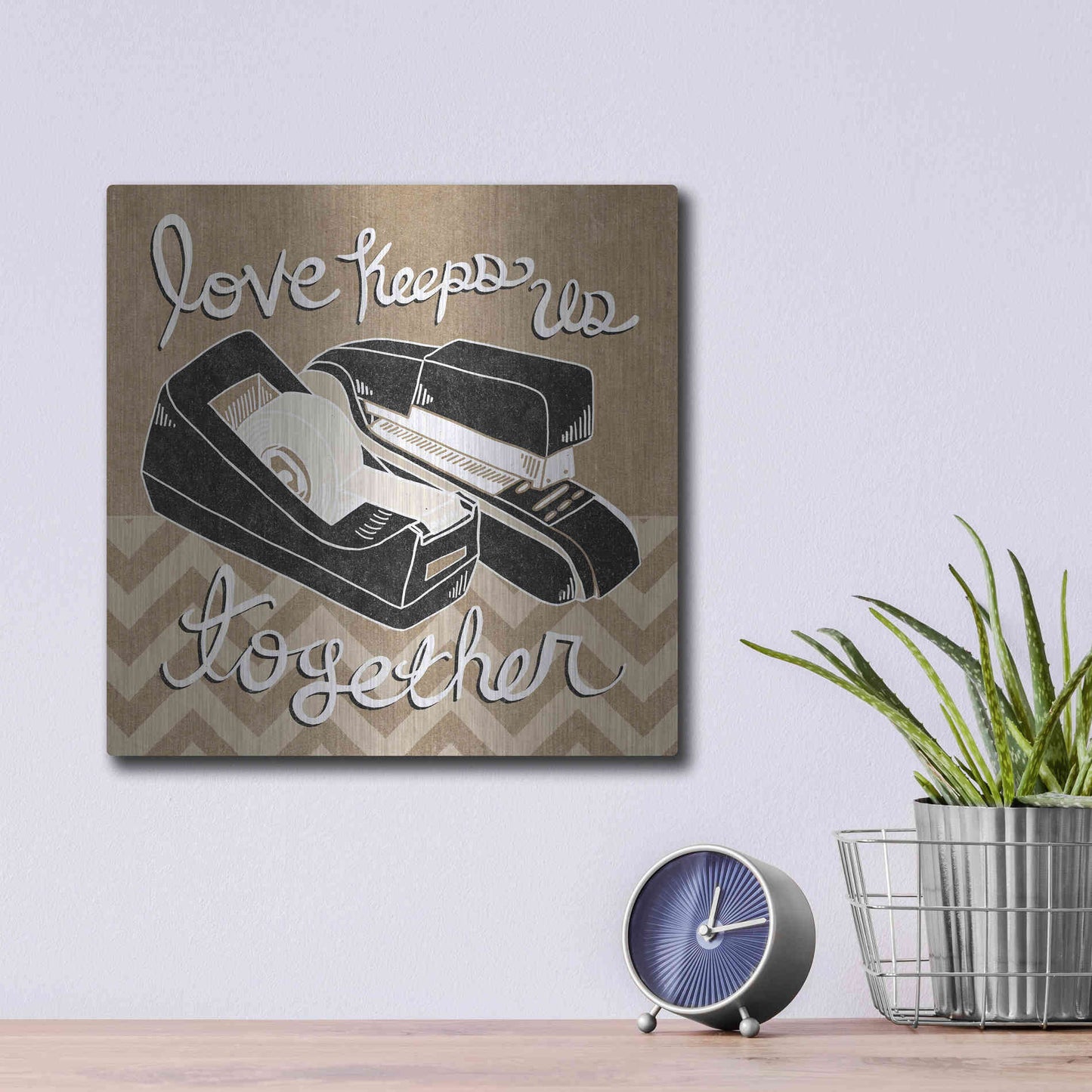 Luxe Metal Art 'Love Keeps Us Together Taupe' by Mary Urban, Metal Wall Art,12x12