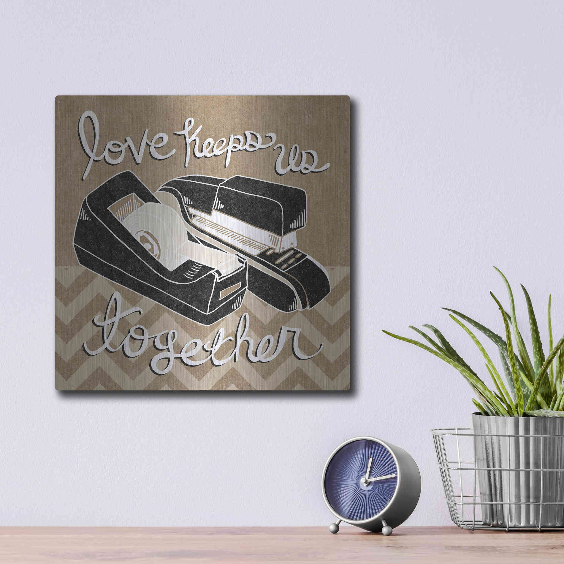 Luxe Metal Art 'Love Keeps Us Together Taupe' by Mary Urban, Metal Wall Art,12x12