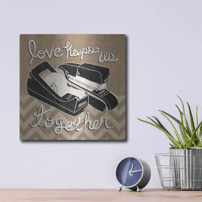 Luxe Metal Art 'Love Keeps Us Together Taupe' by Mary Urban, Metal Wall Art,12x12