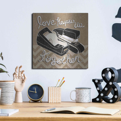 Luxe Metal Art 'Love Keeps Us Together Taupe' by Mary Urban, Metal Wall Art,12x12