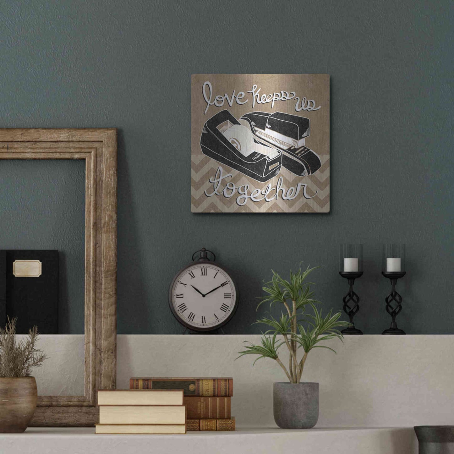 Luxe Metal Art 'Love Keeps Us Together Taupe' by Mary Urban, Metal Wall Art,12x12