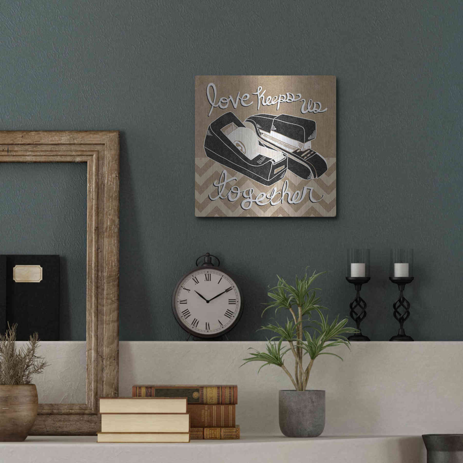 Luxe Metal Art 'Love Keeps Us Together Taupe' by Mary Urban, Metal Wall Art,12x12
