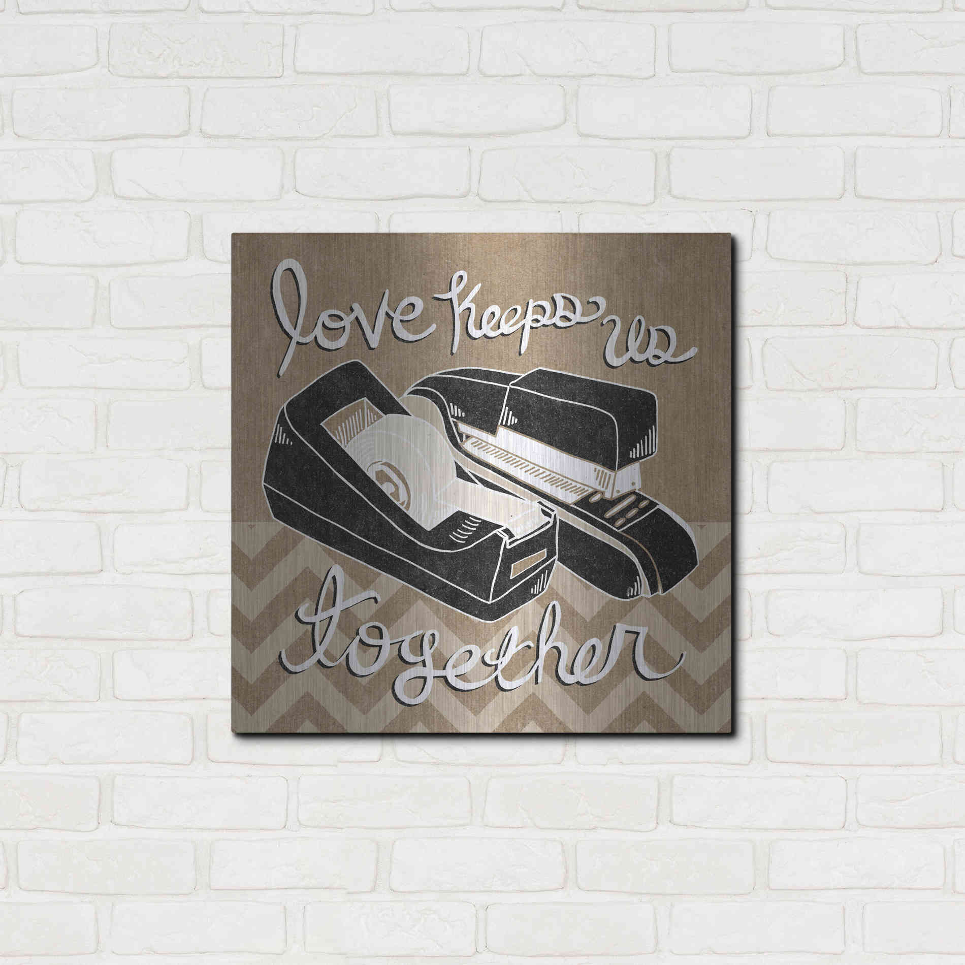 Luxe Metal Art 'Love Keeps Us Together Taupe' by Mary Urban, Metal Wall Art,24x24