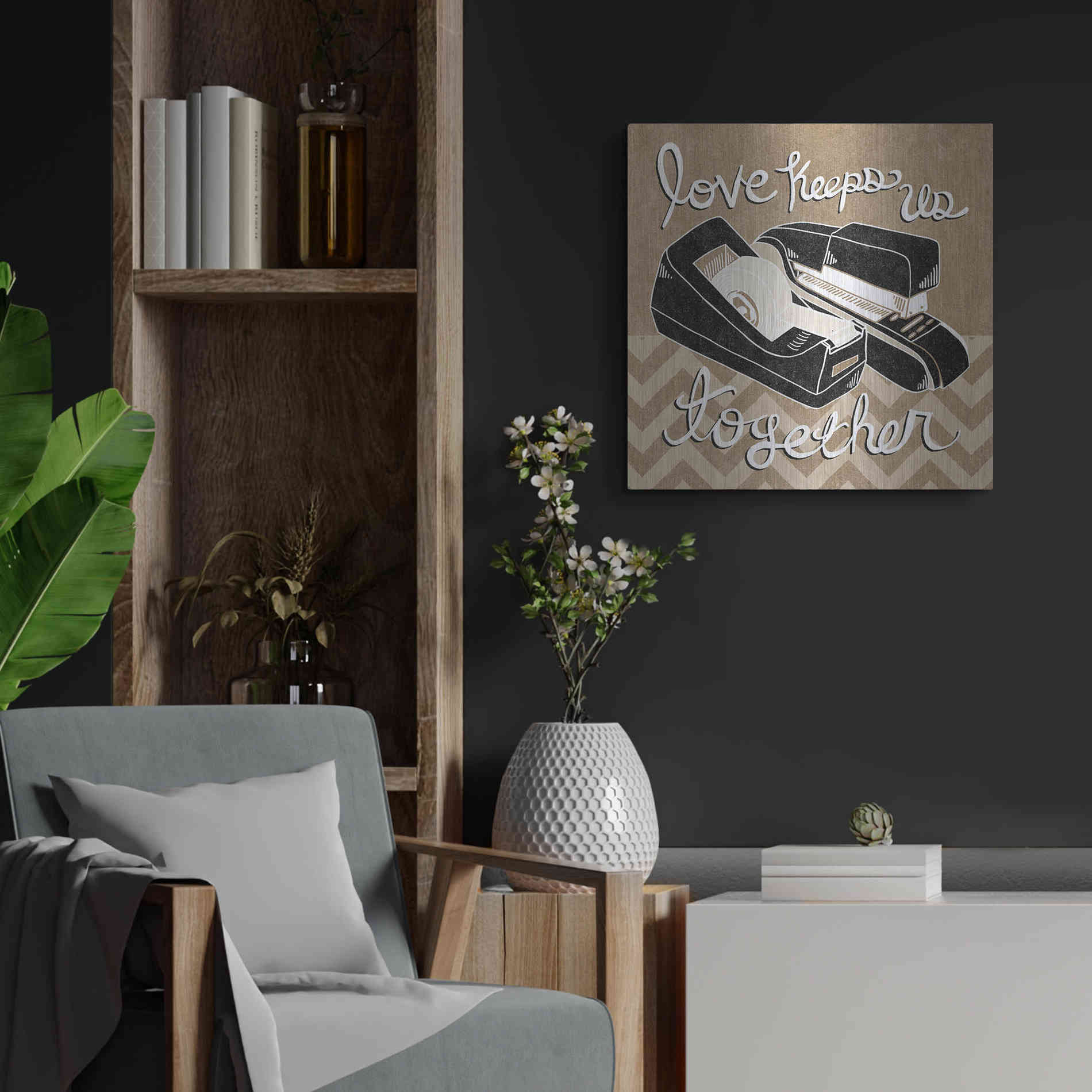 Luxe Metal Art 'Love Keeps Us Together Taupe' by Mary Urban, Metal Wall Art,24x24