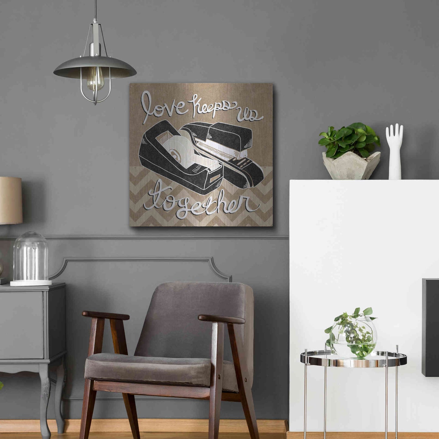 Luxe Metal Art 'Love Keeps Us Together Taupe' by Mary Urban, Metal Wall Art,24x24