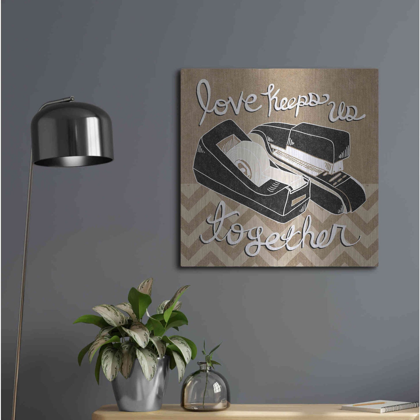 Luxe Metal Art 'Love Keeps Us Together Taupe' by Mary Urban, Metal Wall Art,24x24