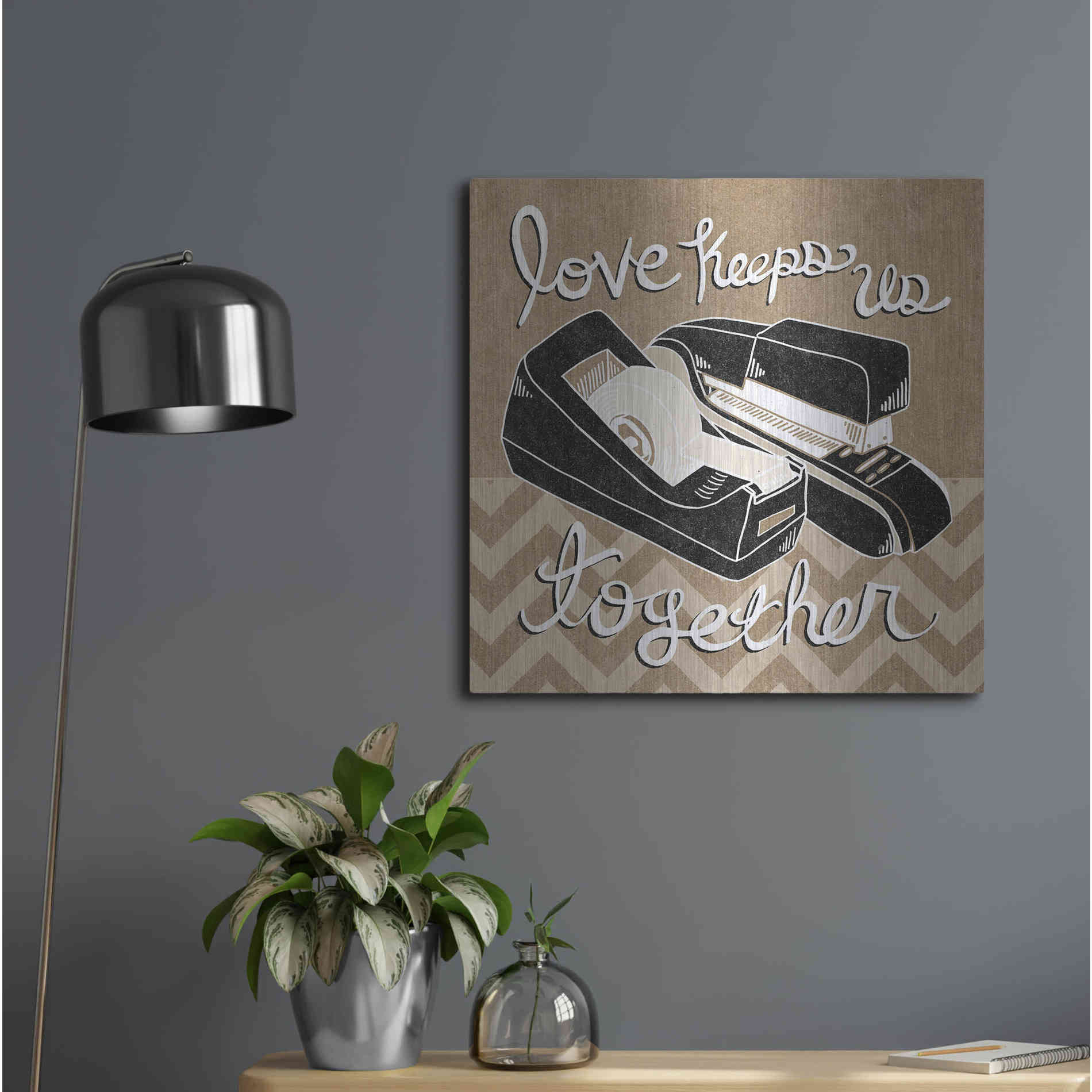 Luxe Metal Art 'Love Keeps Us Together Taupe' by Mary Urban, Metal Wall Art,24x24