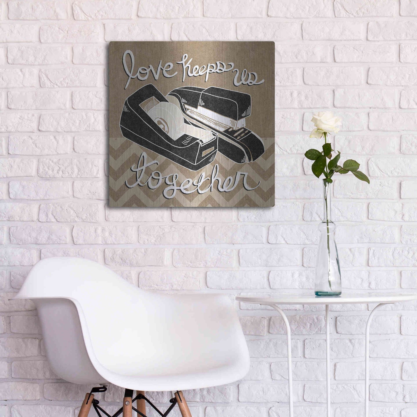 Luxe Metal Art 'Love Keeps Us Together Taupe' by Mary Urban, Metal Wall Art,24x24