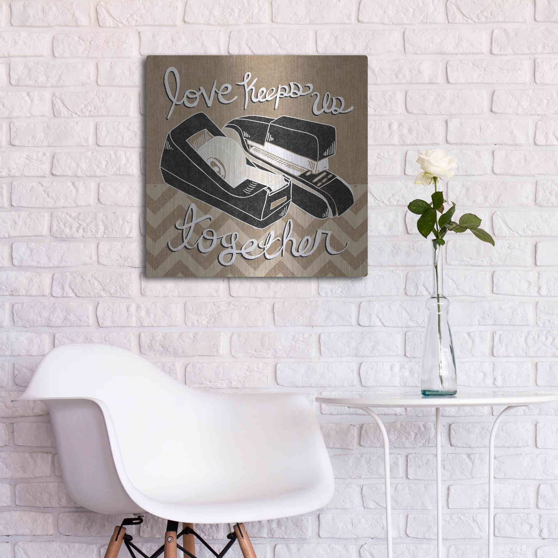 Luxe Metal Art 'Love Keeps Us Together Taupe' by Mary Urban, Metal Wall Art,24x24