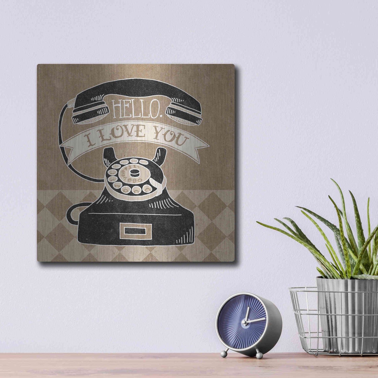 Luxe Metal Art 'Hello I Love You Taupe' by Mary Urban, Metal Wall Art,12x12