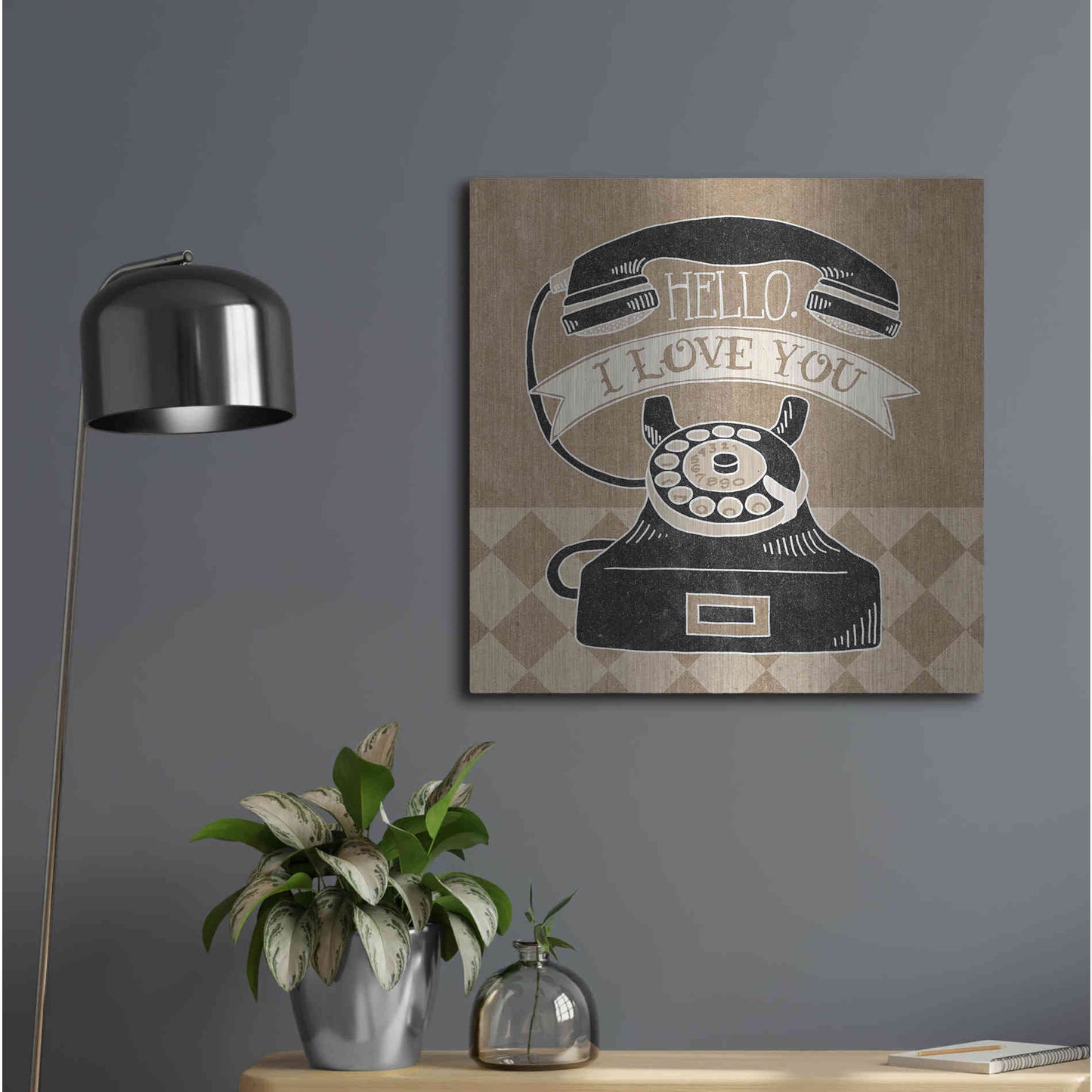 Luxe Metal Art 'Hello I Love You Taupe' by Mary Urban, Metal Wall Art,24x24