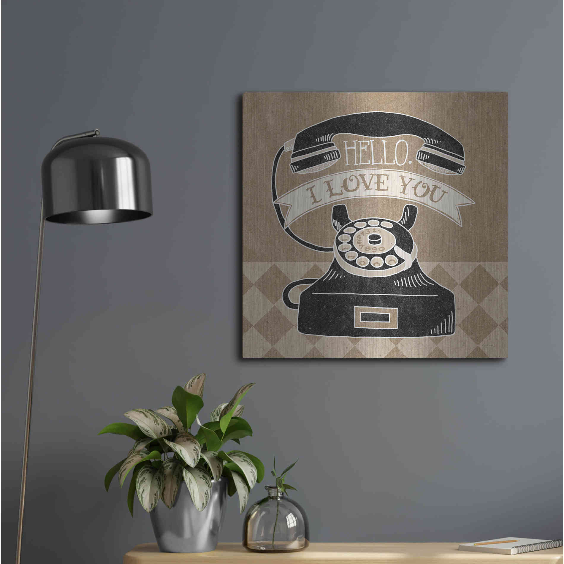 Luxe Metal Art 'Hello I Love You Taupe' by Mary Urban, Metal Wall Art,24x24