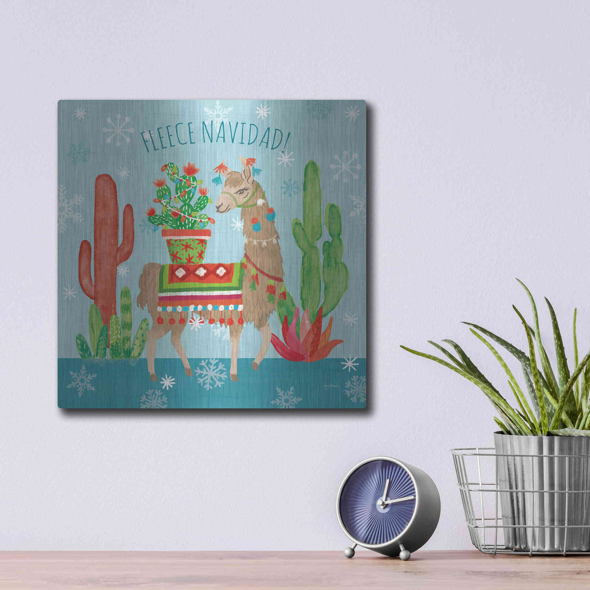 Luxe Metal Art 'Lovely Llamas Christmas III' by Mary Urban, Metal Wall Art,12x12