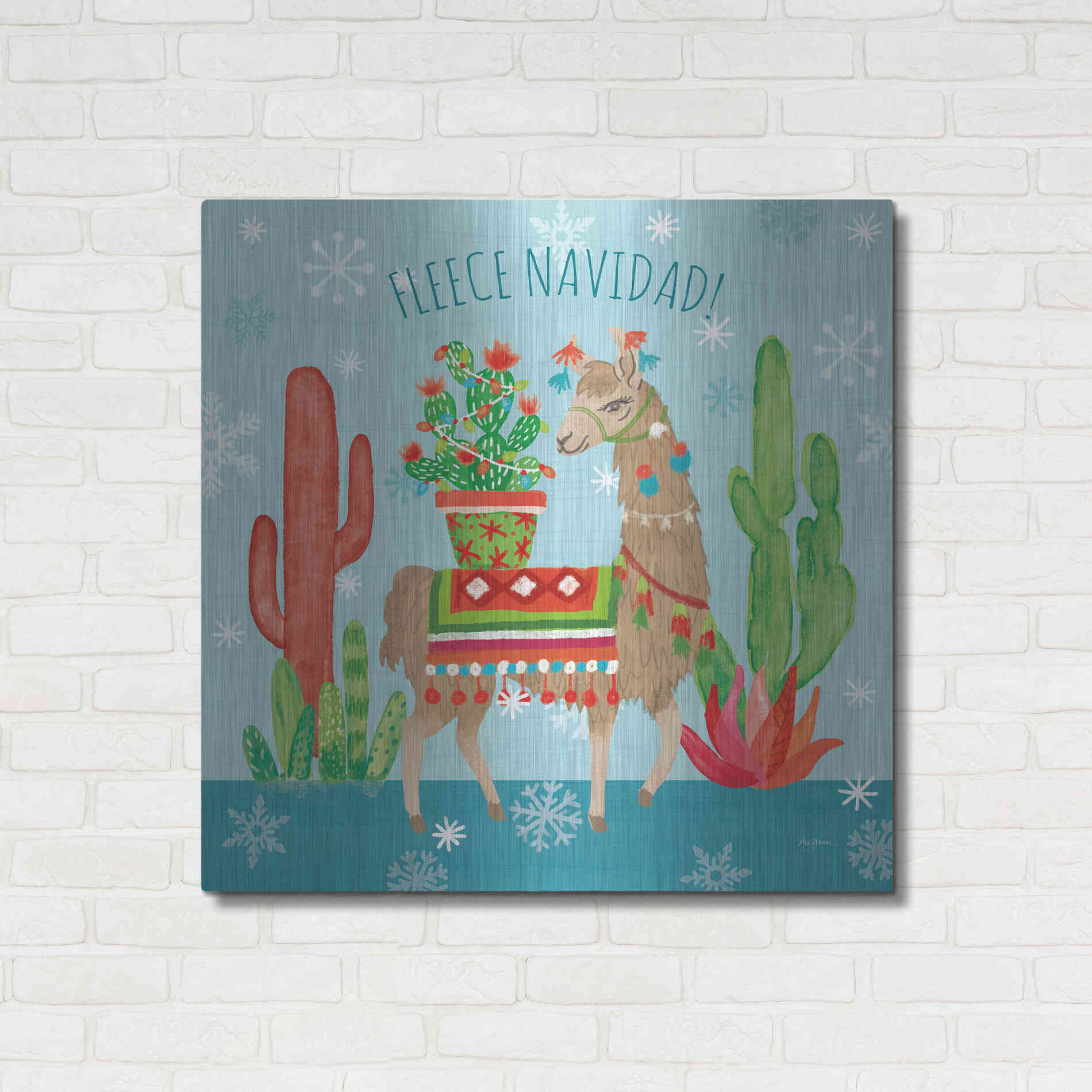 Luxe Metal Art 'Lovely Llamas Christmas III' by Mary Urban, Metal Wall Art,36x36