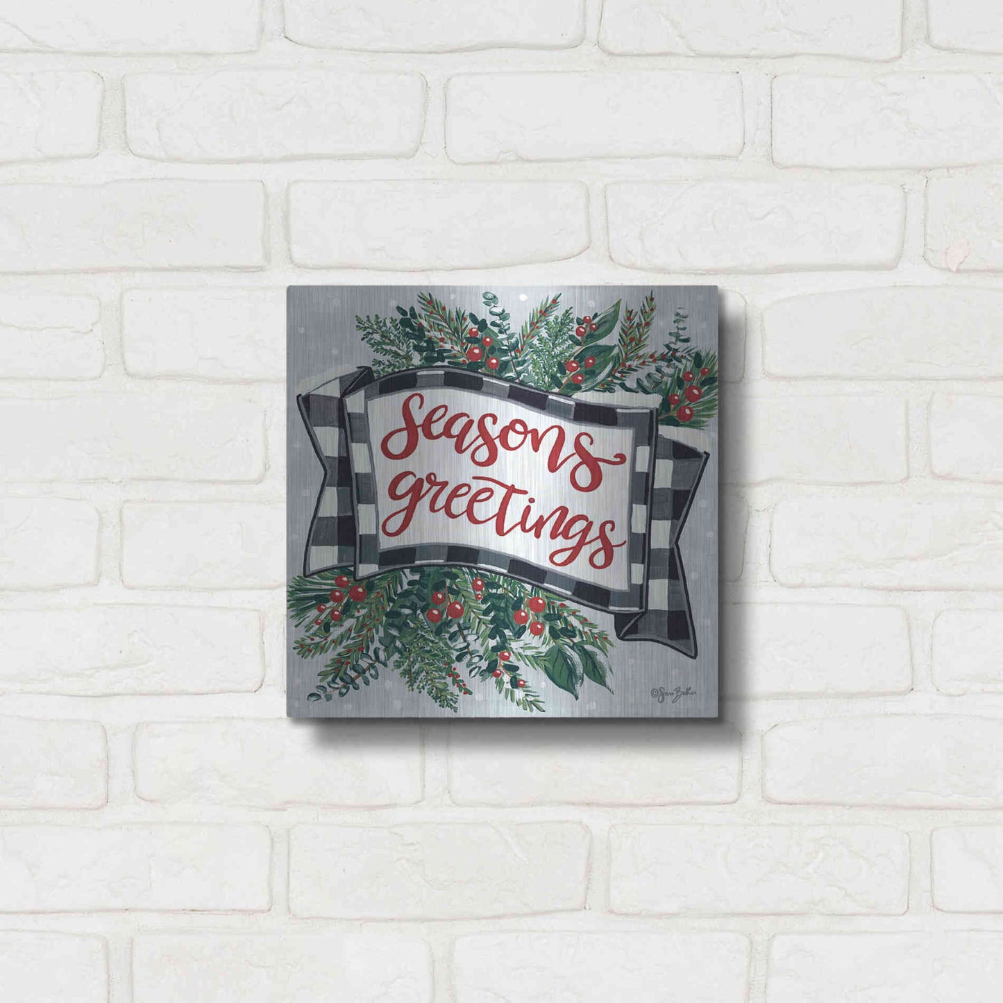 Luxe Metal Art 'Seasons Greetings Banner' by Sara Baker, Metal Wall Art,12x12