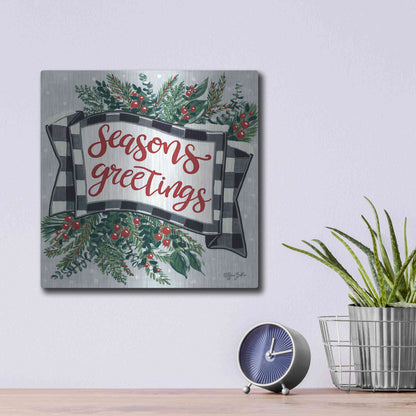 Luxe Metal Art 'Seasons Greetings Banner' by Sara Baker, Metal Wall Art,12x12