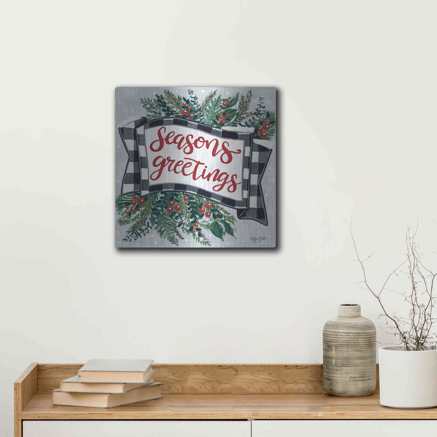 Luxe Metal Art 'Seasons Greetings Banner' by Sara Baker, Metal Wall Art,12x12